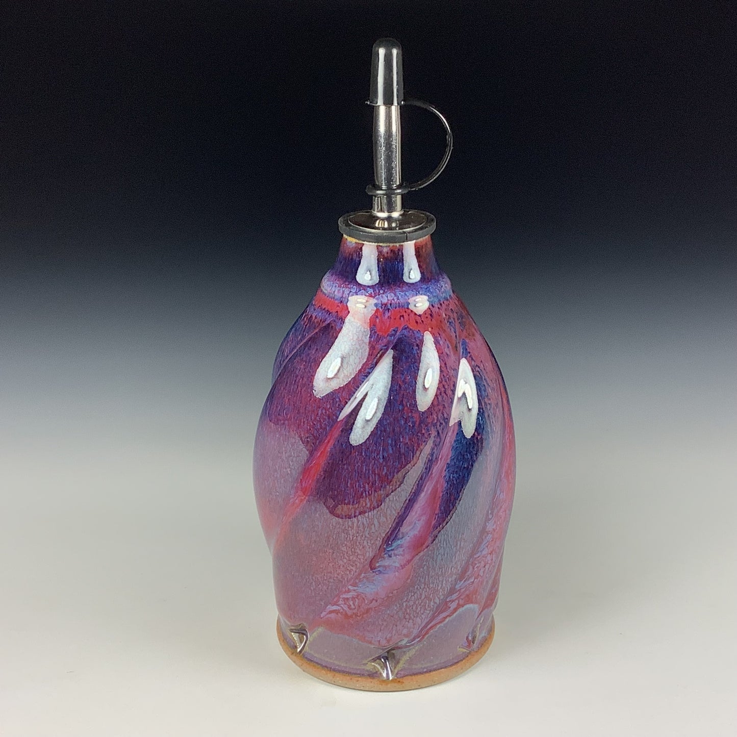 Ceramic olive oil dispenser oil bottle oil cruet handmade stoneware pottery dinnerware kitchenware - Purple red twisty- item 3743