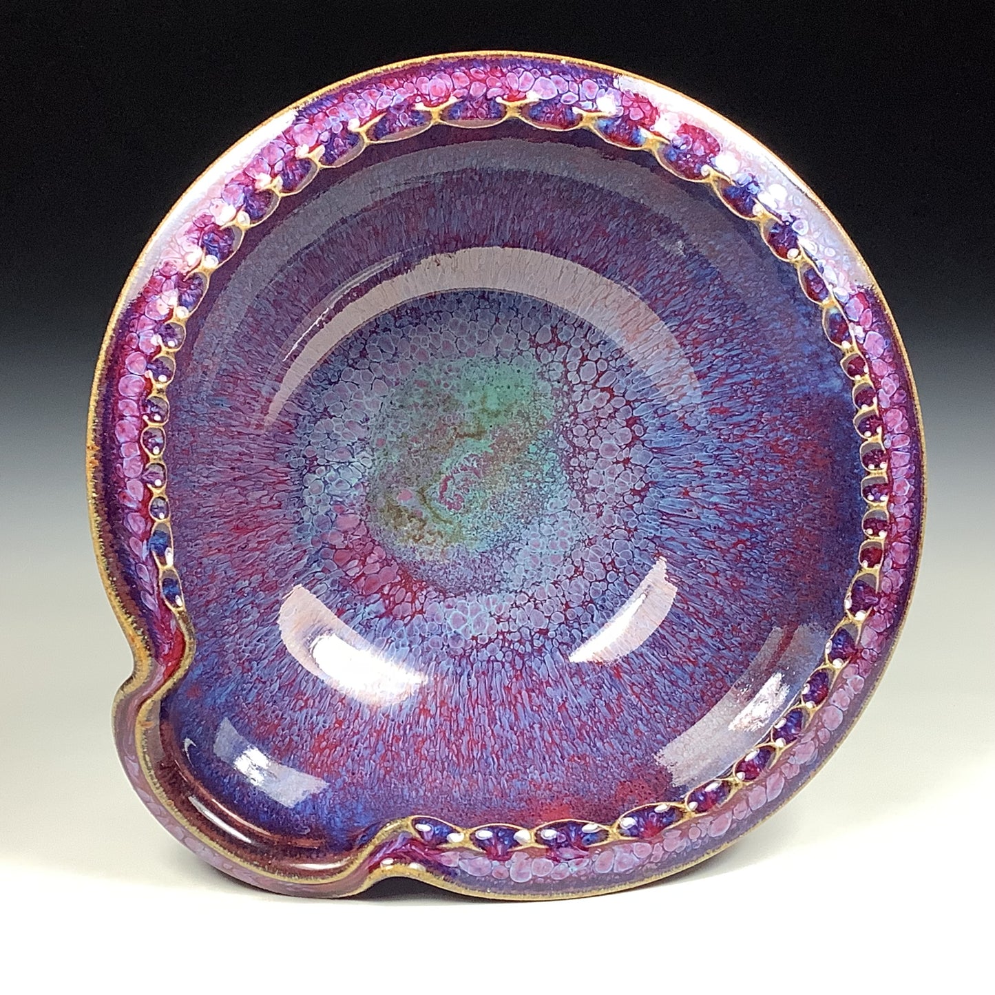 Handmade ceramic deep spoon rest stoneware pottery kitchenware - Purple red dotted rim item 3867