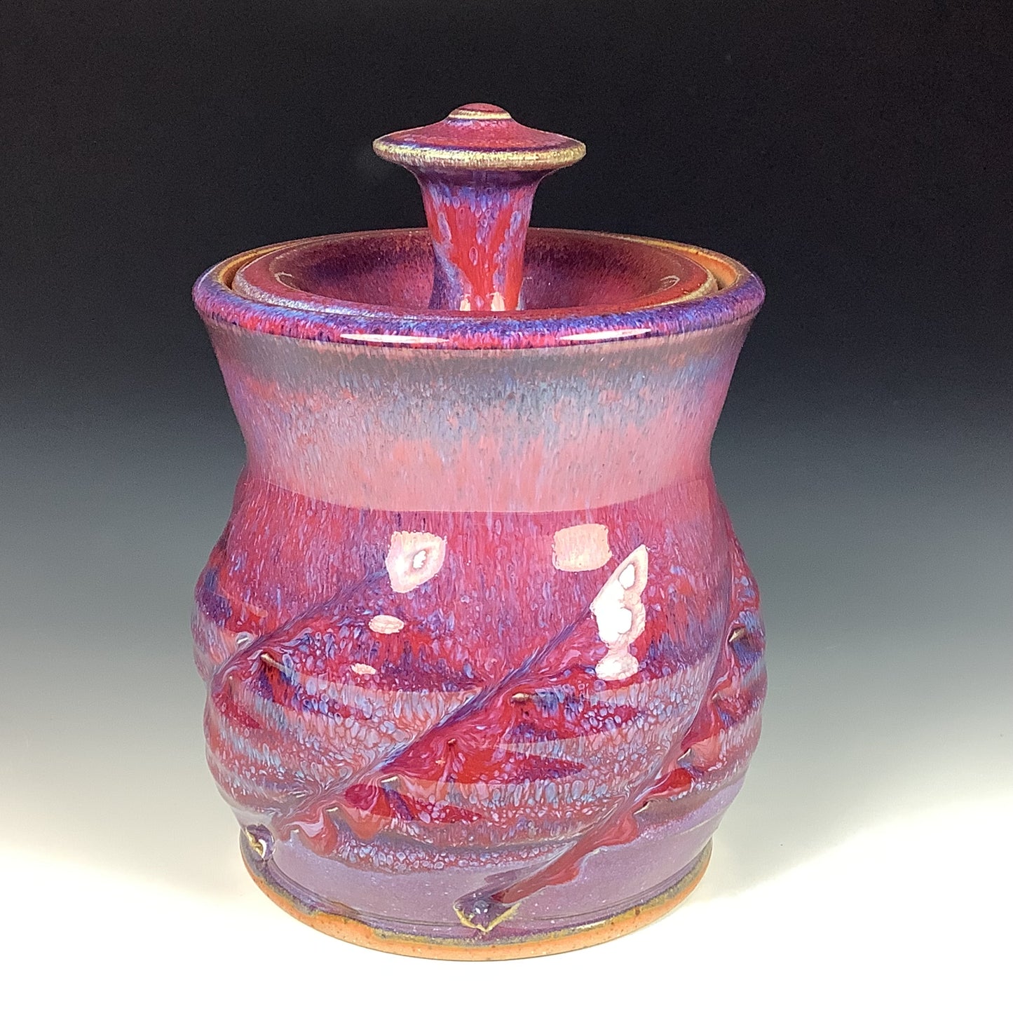 Handmade stoneware art ceramic pottery sugar jar - red purple twist item 3887