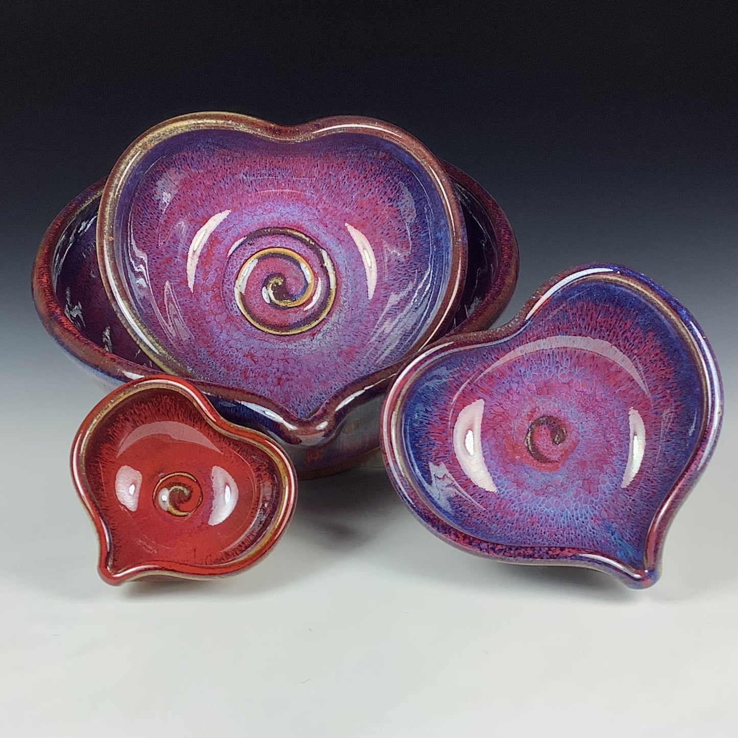Handmade Ceramic Heart-Shaped Nesting Bowl Set of 4, Red Purple Glaze - Item 4013