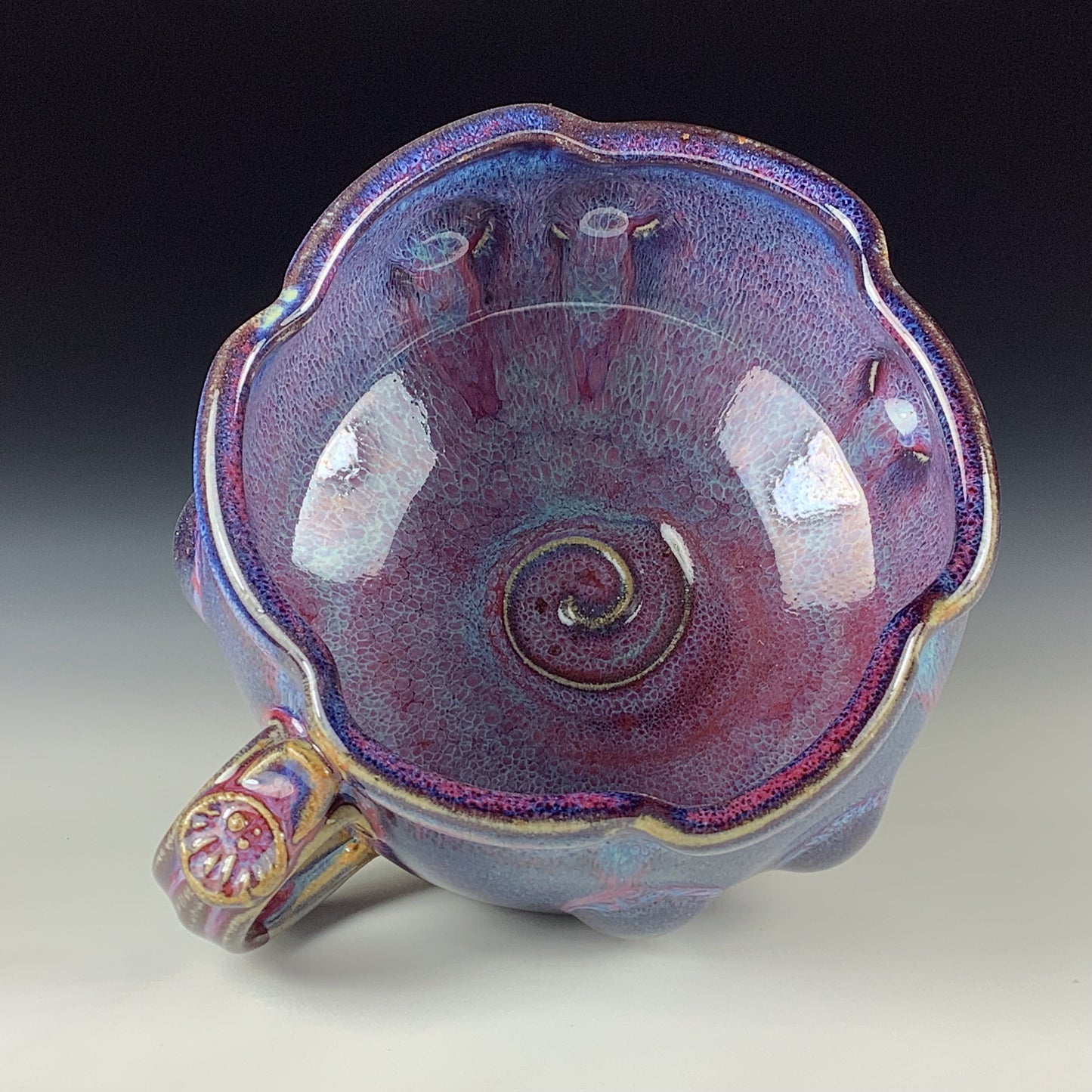 Handmade Ceramic Pottery Bowl with Handle, Red Purple Bump Glaze