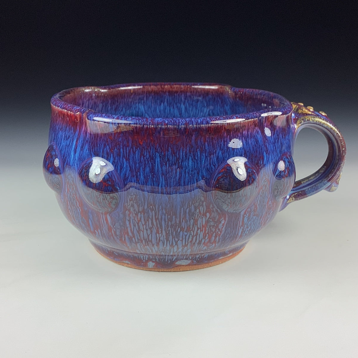 Handmade Ceramic Pottery Bowl with Handle, Red Purple Bump Glaze