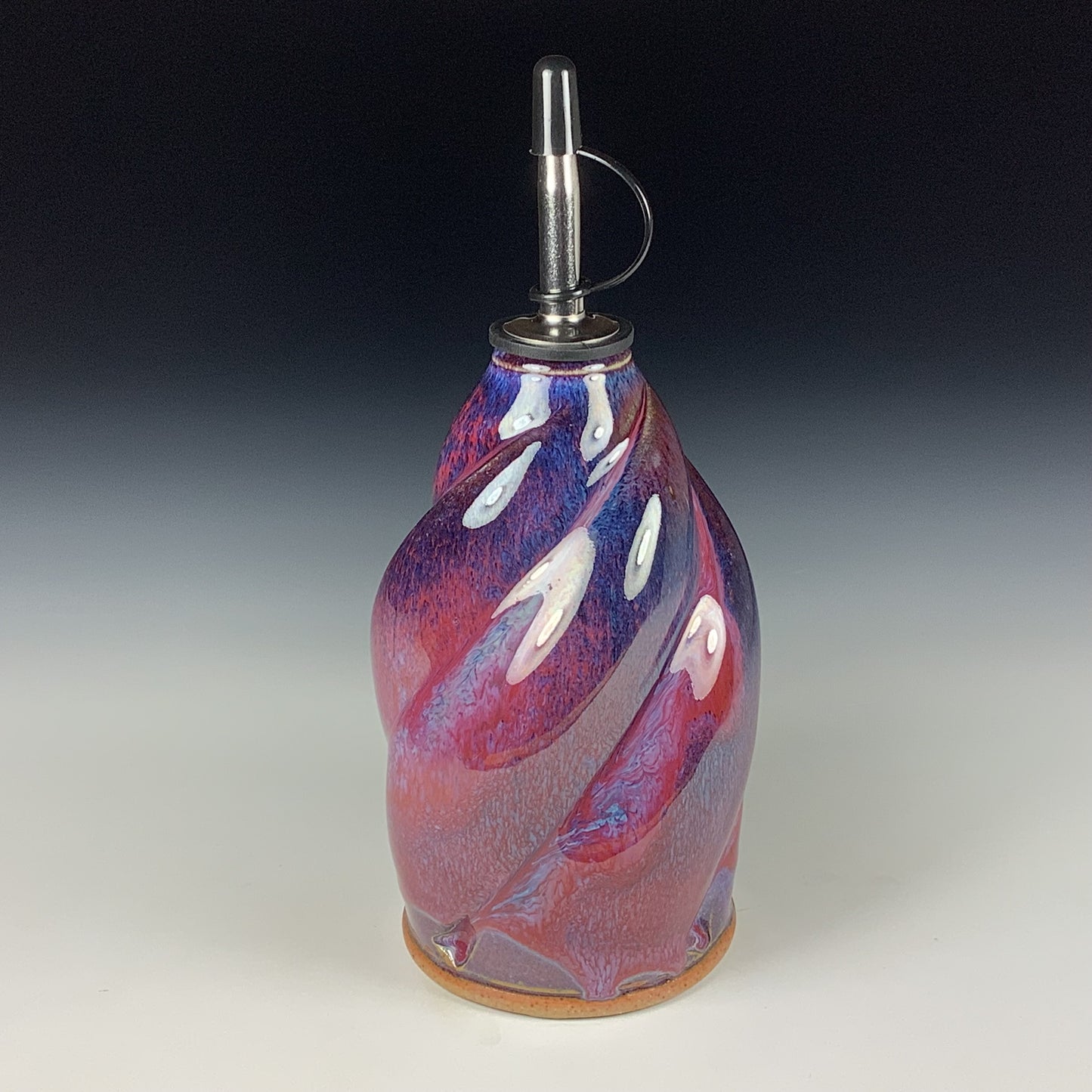 Ceramic olive oil dispenser oil bottle oil cruet handmade stoneware pottery dinnerware kitchenware - Purple red twisty- item 3756