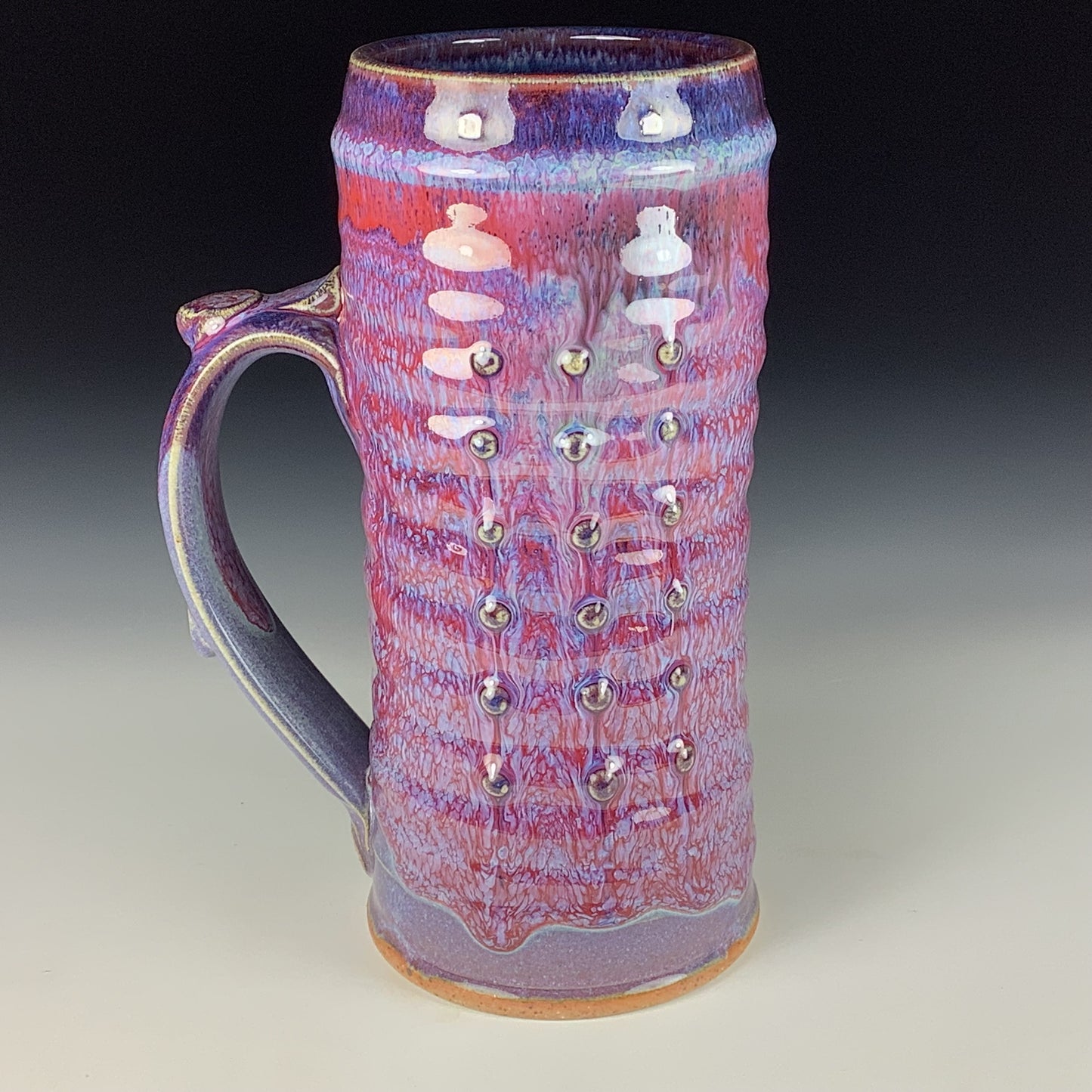 Large handmade pottery mugs rustic ceramic mugs extra large stoneware mugs oversized coffee mugs tea cup - Purple red wiggle slip-dotted bump - item 3712
