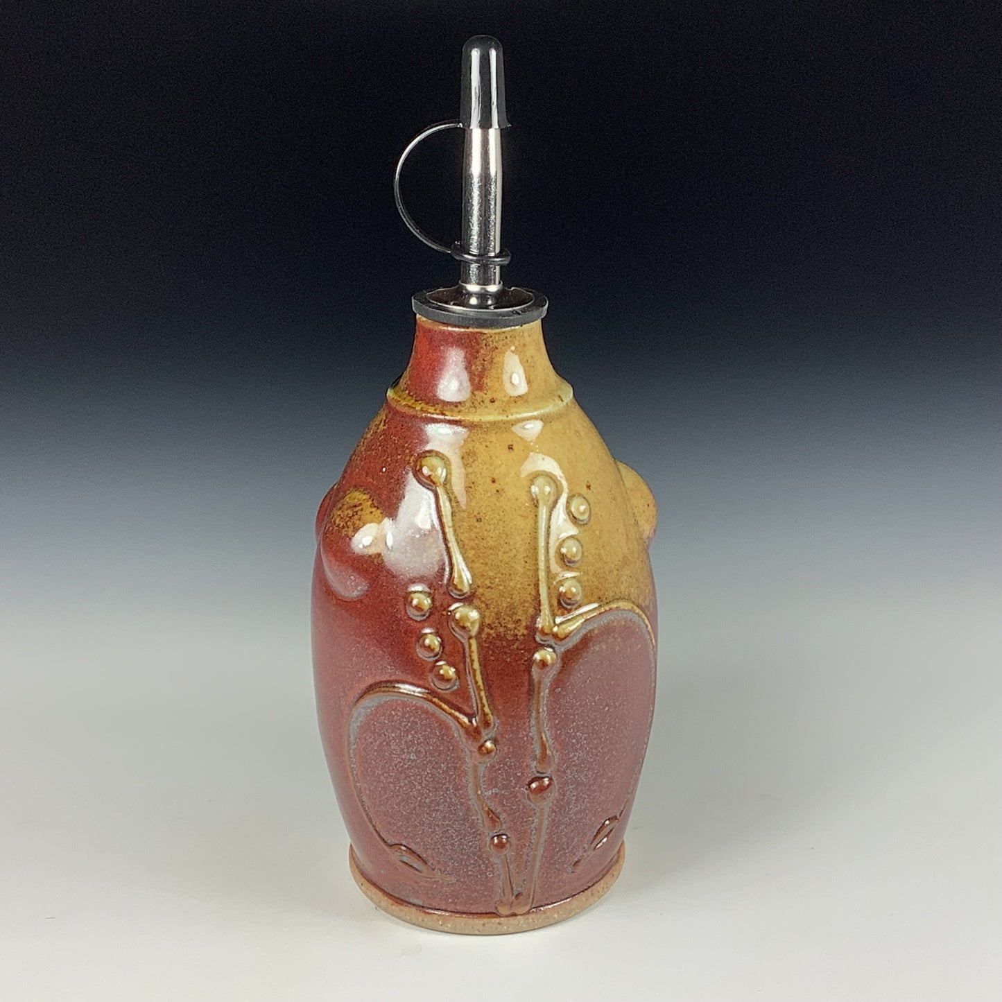 Ceramic olive oil dispenser oil bottle oil cruet handmade stoneware pottery dinnerware kitchenware - Iron red with white ash bamboo slip trail bump - item 3746
