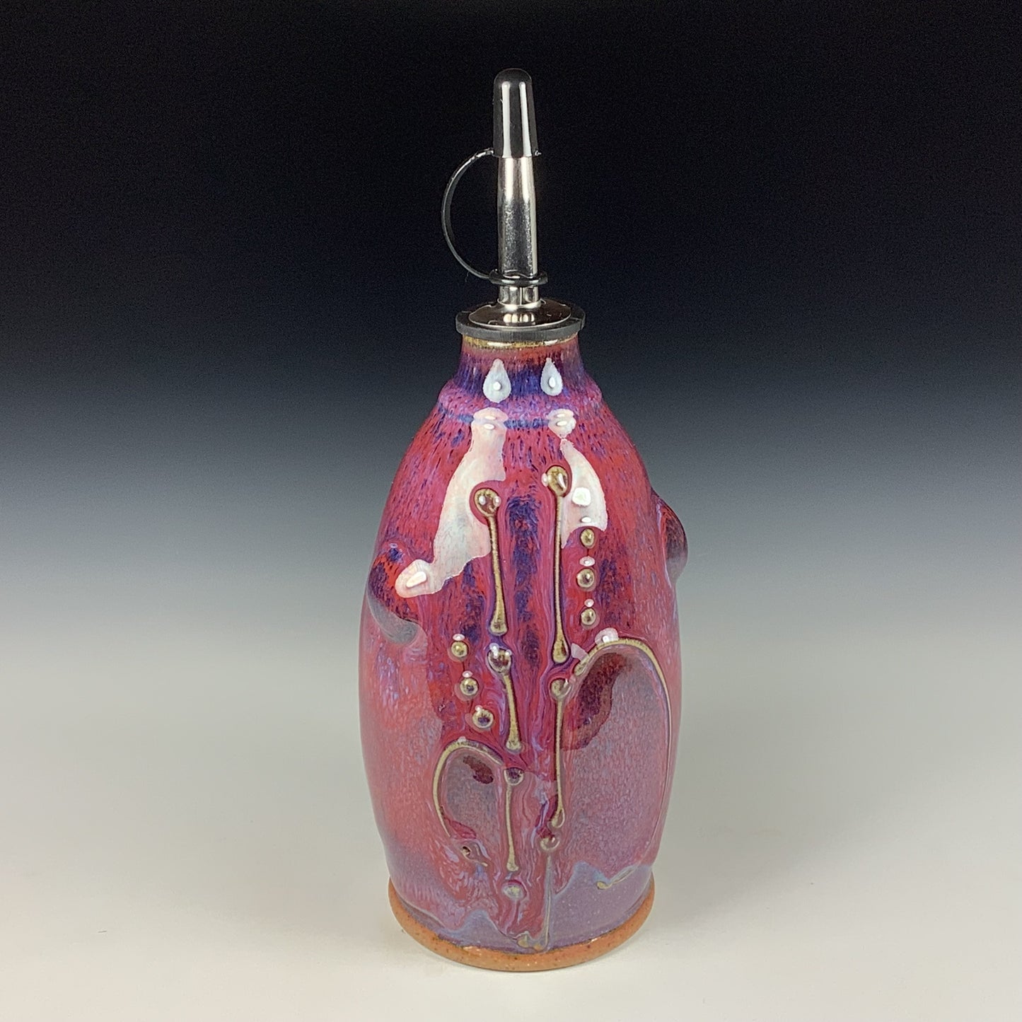 Ceramic olive oil dispenser oil bottle oil cruet handmade stoneware pottery dinnerware kitchenware - Purple red bamboo slip trail bump - item 3755