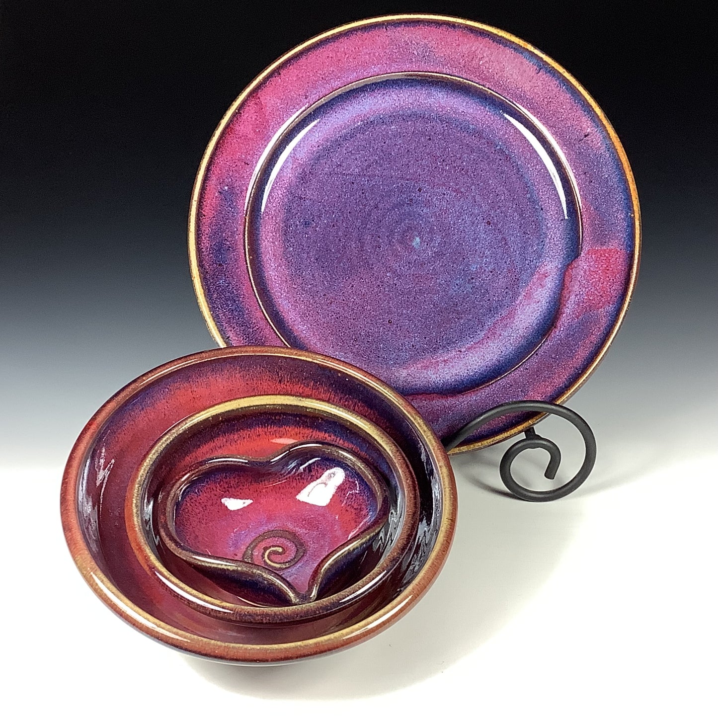 Handmade Stoneware Pottery Plate Setting - Purple Red Glaze