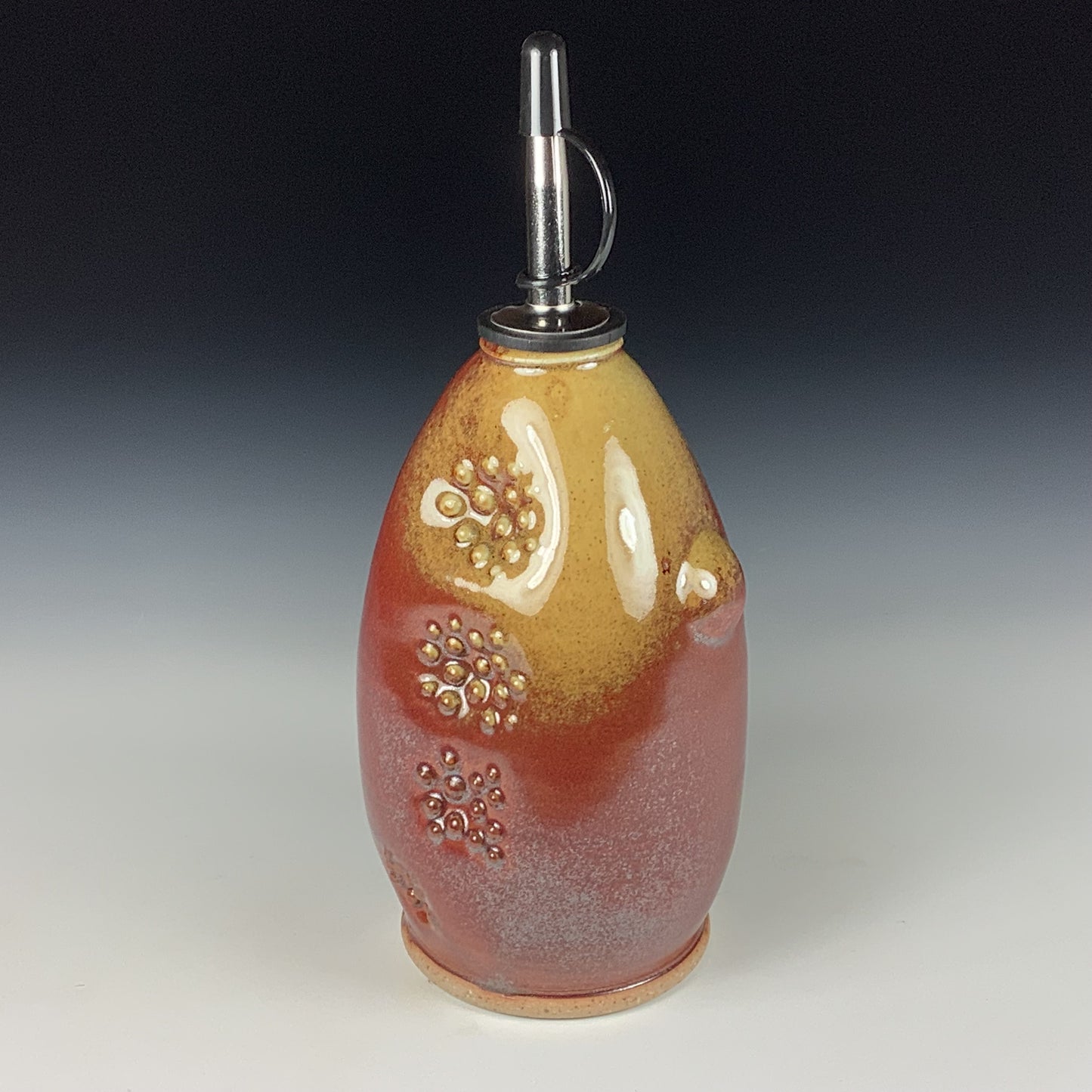 Ceramic olive oil dispenser oil bottle oil cruet handmade stoneware pottery dinnerware kitchenware - Iron red with white ash slip dotted bump - item 3733