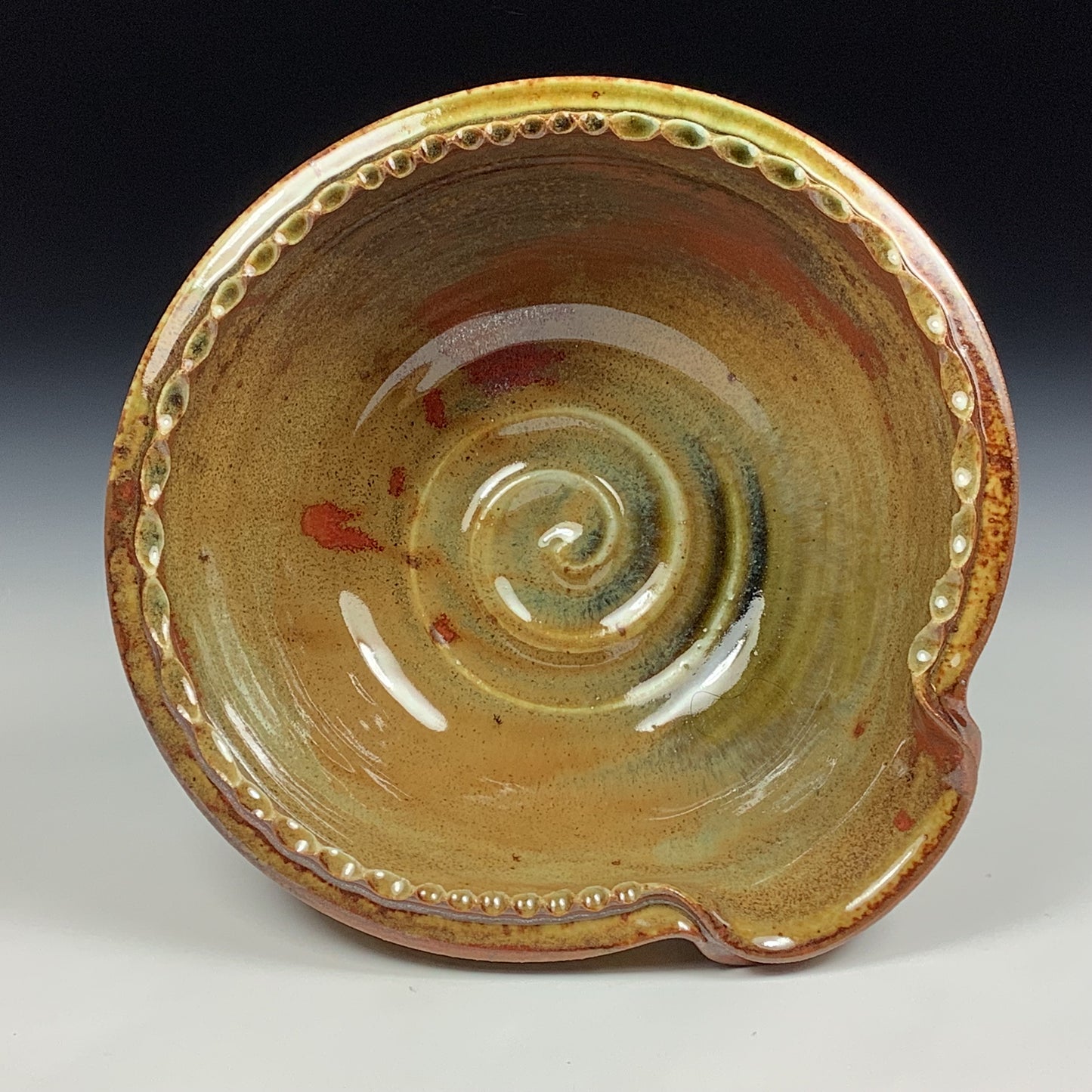 Handmade ceramic deep spoon rest stoneware pottery kitchenware - Iron red with white ash dotted rim item 3870
