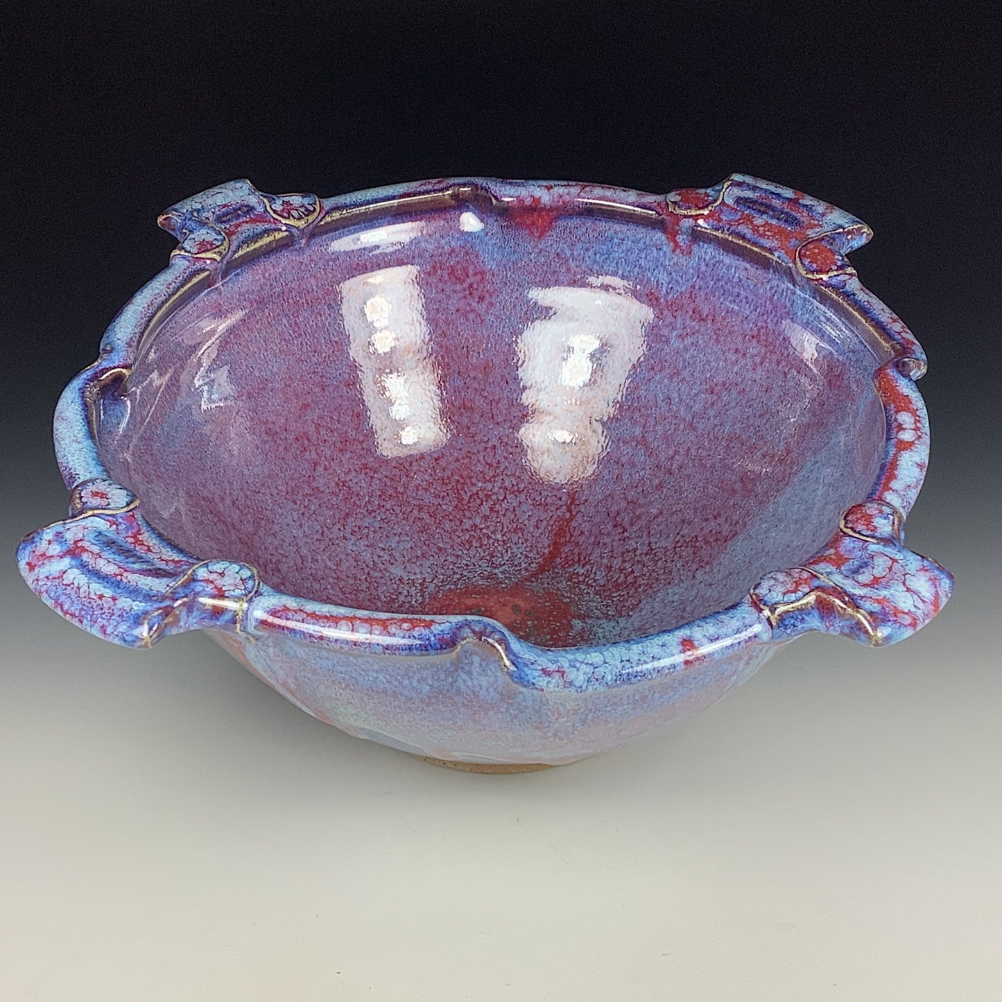 Handmade ceramic artisanal pottery bowls dinnerware stoneware serving bowls centerpiece - Large purple twisted rim with handles 3681