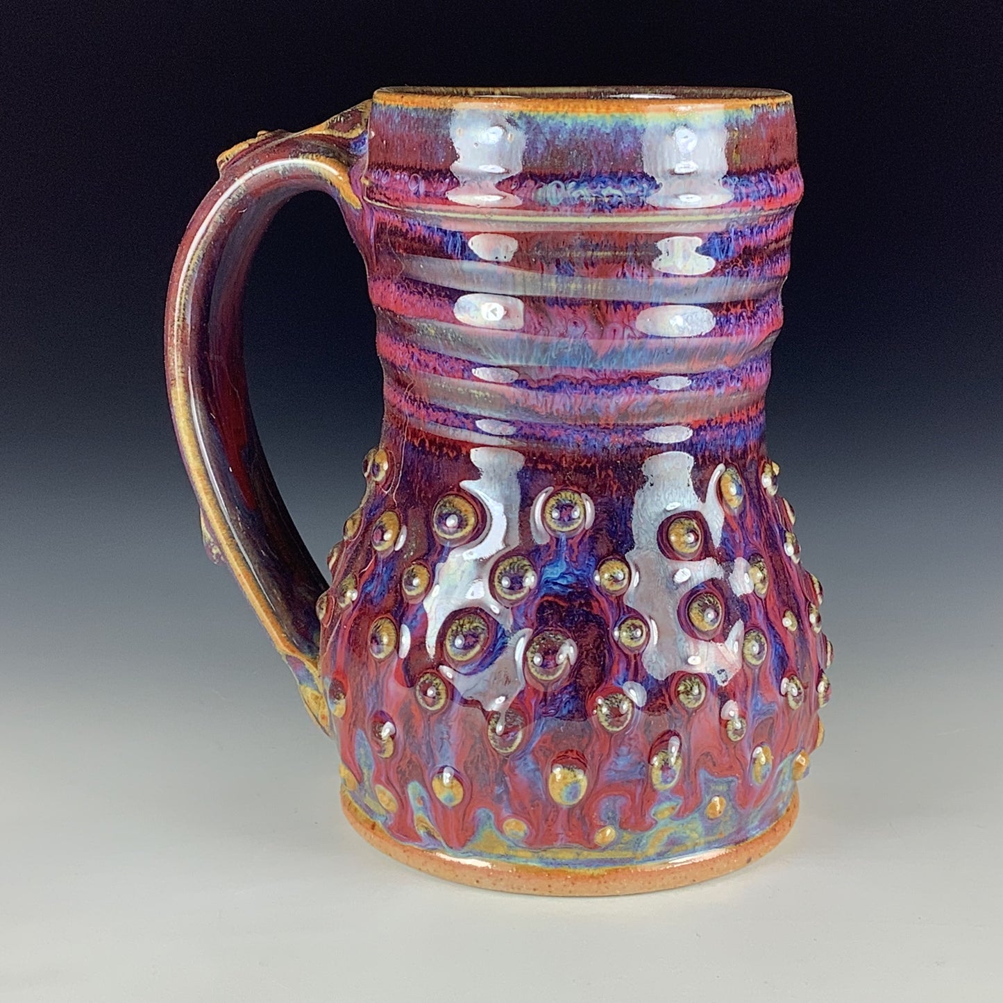 Handmade Stoneware Coffee Mug: Red Purple Glaze, Slip-Dotted