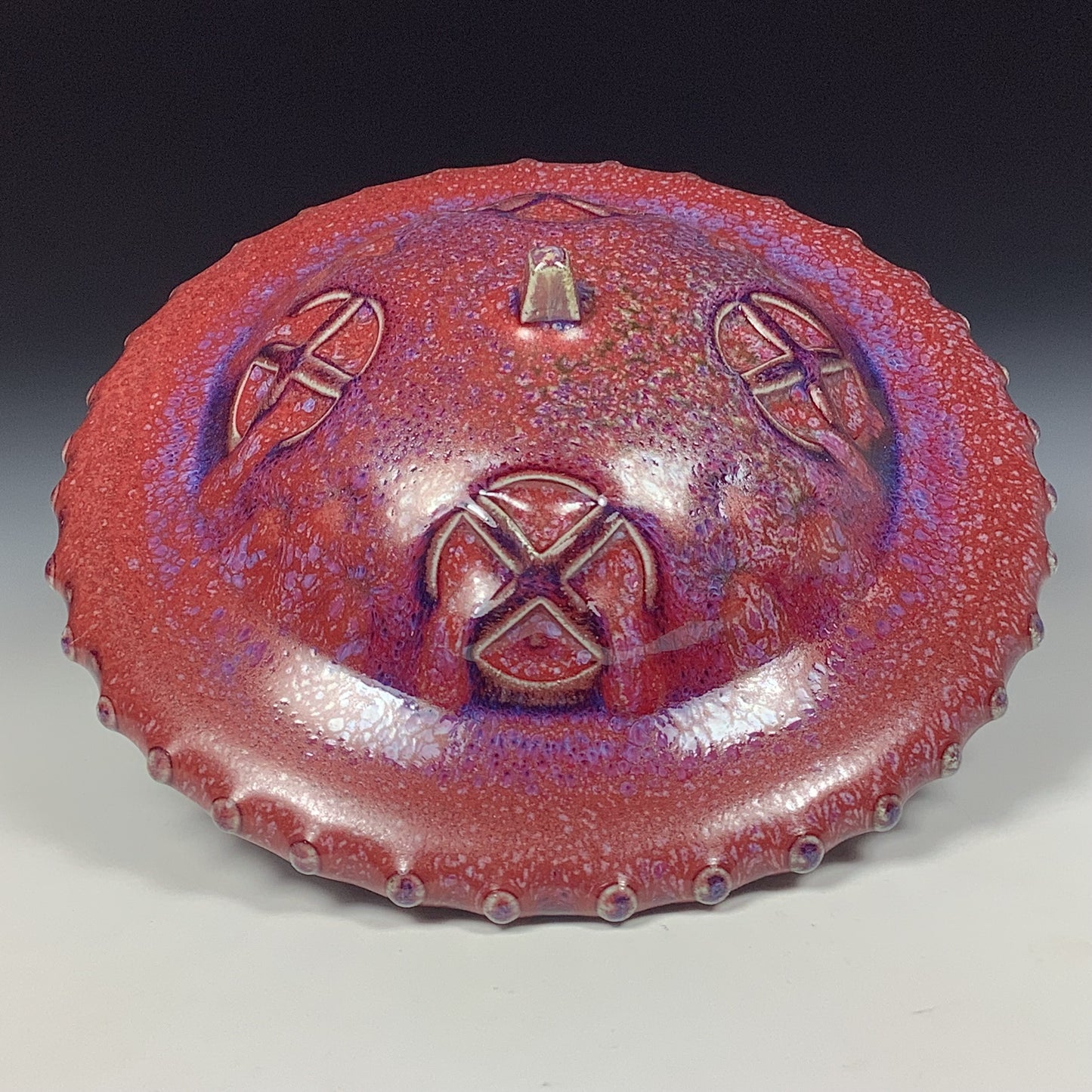 Handmade stoneware art abstract ceramic sculptures pottery decoration UFO - Red wheel thrown enclosed form altered sculpture - item 3822