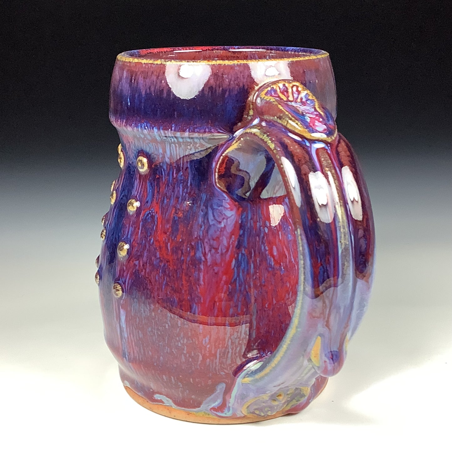 Handmade ceramic mugs stoneware coffee mug pottery tea mugs stoneware drinkware - purple red slip trail dot bamboo item 3851