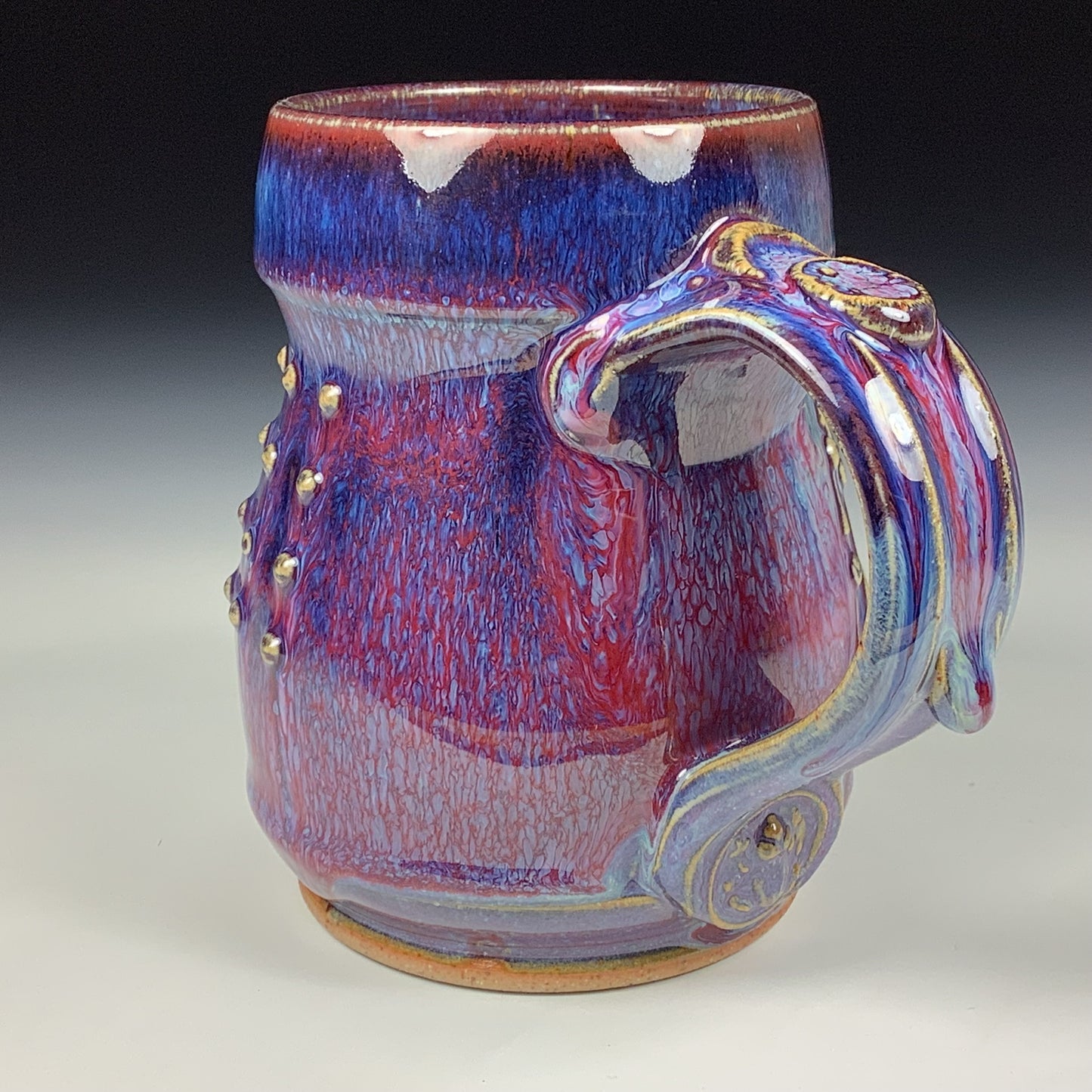 Handmade ceramic mugs stoneware coffee mug pottery tea mugs stoneware drinkware - purple red slip trail dot bamboo item 3848