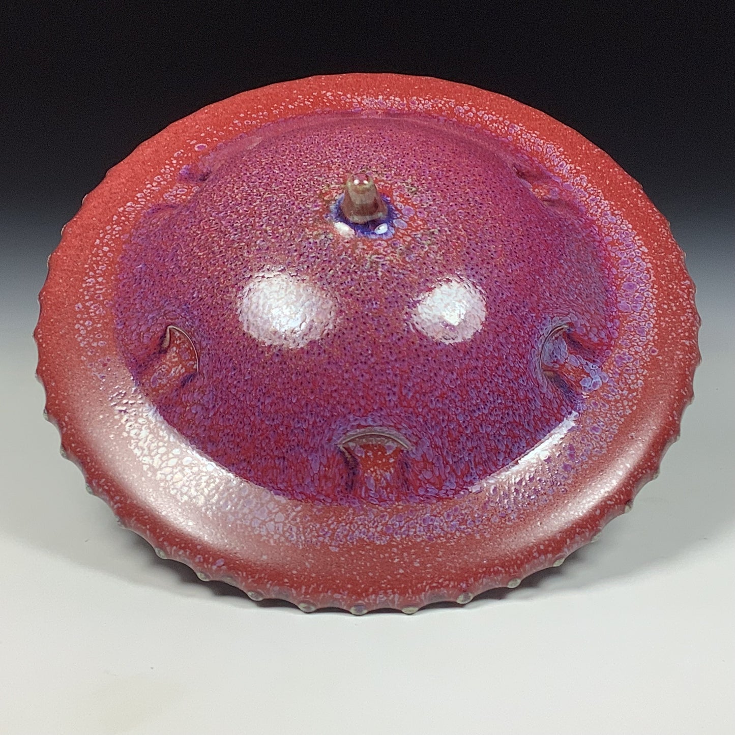 Handmade stoneware art abstract ceramic sculptures pottery decoration UFO - Red wheel thrown enclosed form altered sculpture - item 3820
