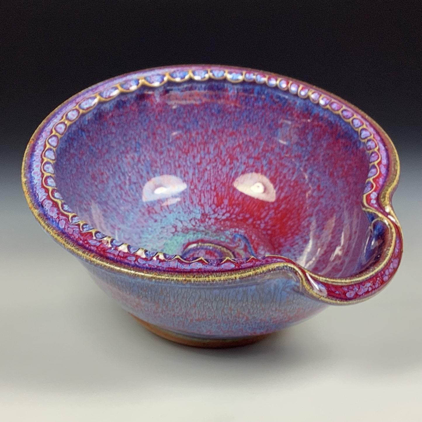 Handmade ceramic deep spoon rest stoneware pottery kitchenware - Purple red dotted rim item 3871