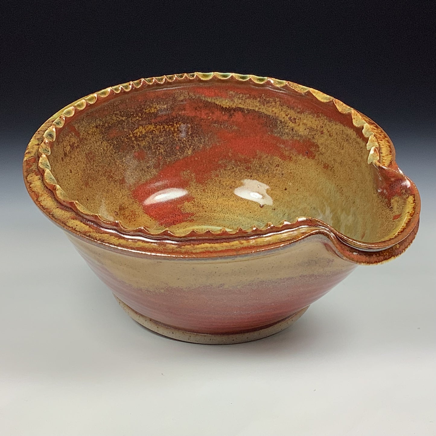 Handmade ceramic deep spoon rest stoneware pottery kitchenware - Iron red with white ash dotted rim item 3870