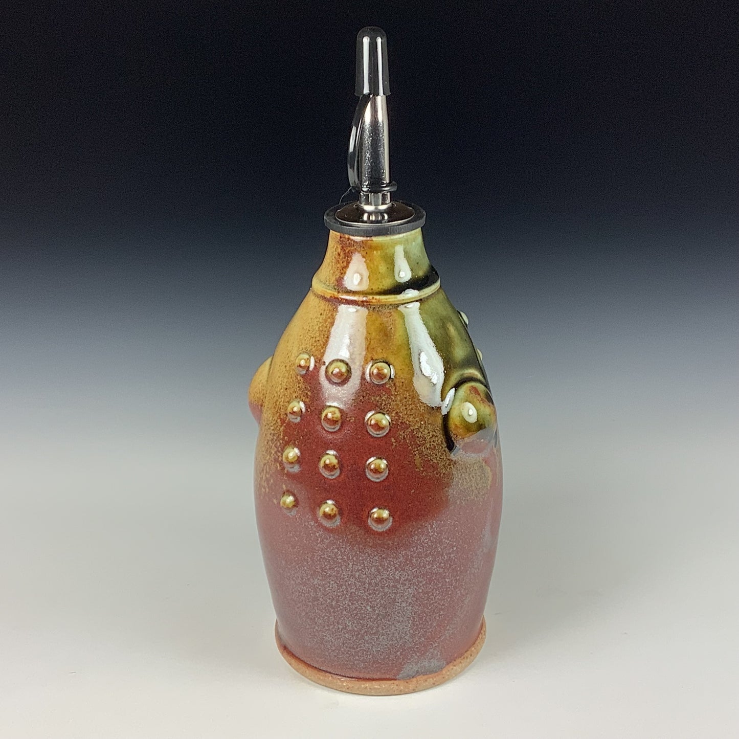 Ceramic olive oil dispenser oil bottle oil cruet handmade stoneware pottery dinnerware kitchenware - Iron red with white ash slip dotted bump - item 3750