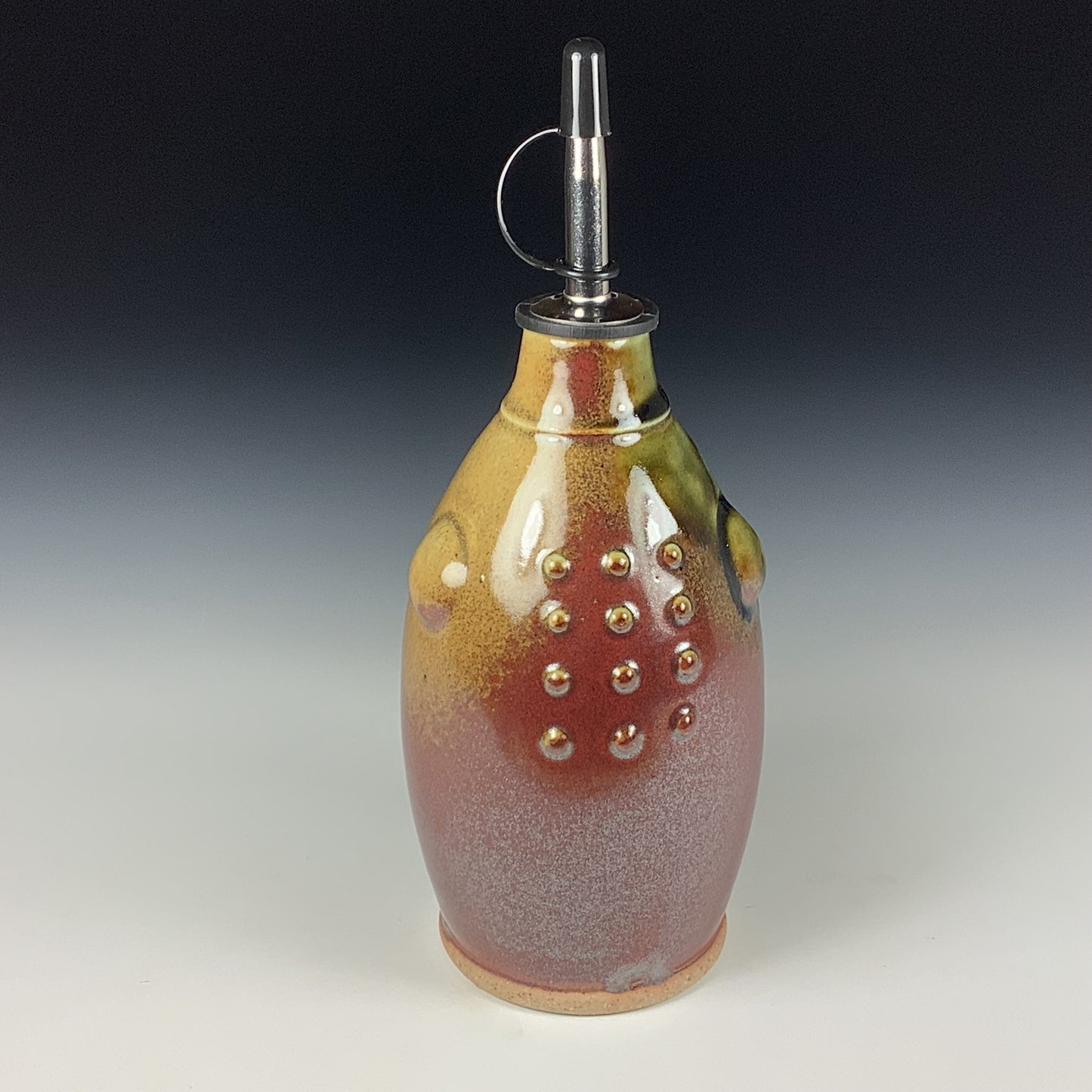 Ceramic olive oil dispenser oil bottle oil cruet handmade stoneware pottery dinnerware kitchenware - Iron red with white ash slip dotted bump - item 3753