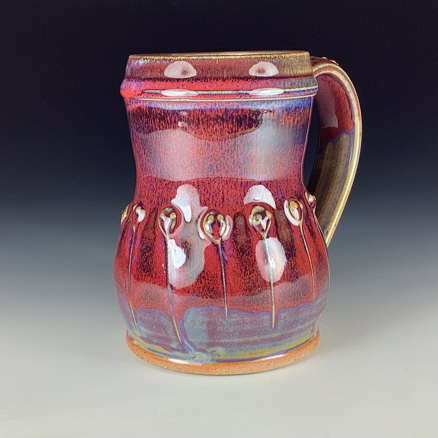Handmade Stoneware Coffee Mug: Red Purple Glaze, Slip-Dotted
