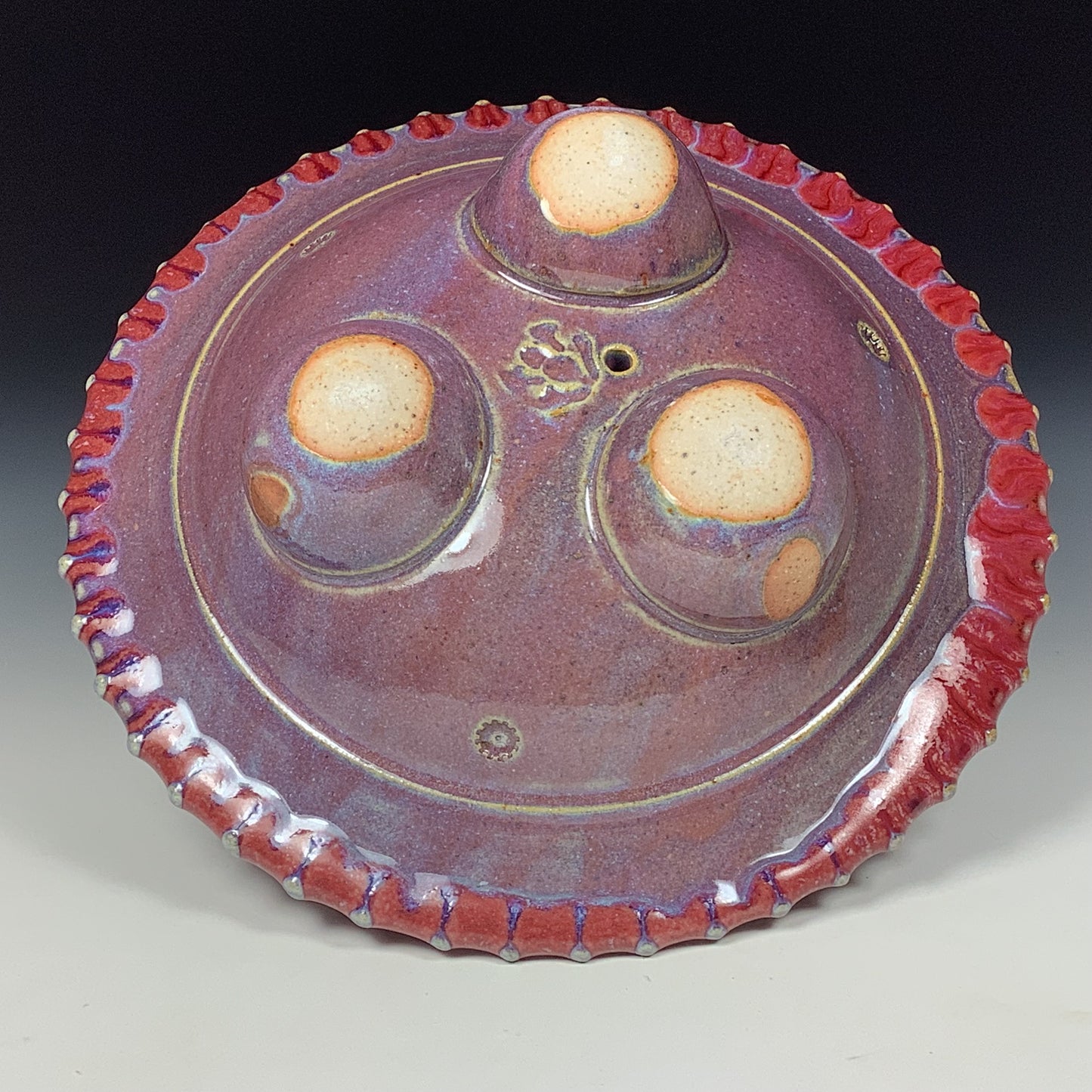 Handmade stoneware art abstract ceramic sculptures pottery decoration UFO - Red wheel thrown enclosed form altered sculpture - item 3821