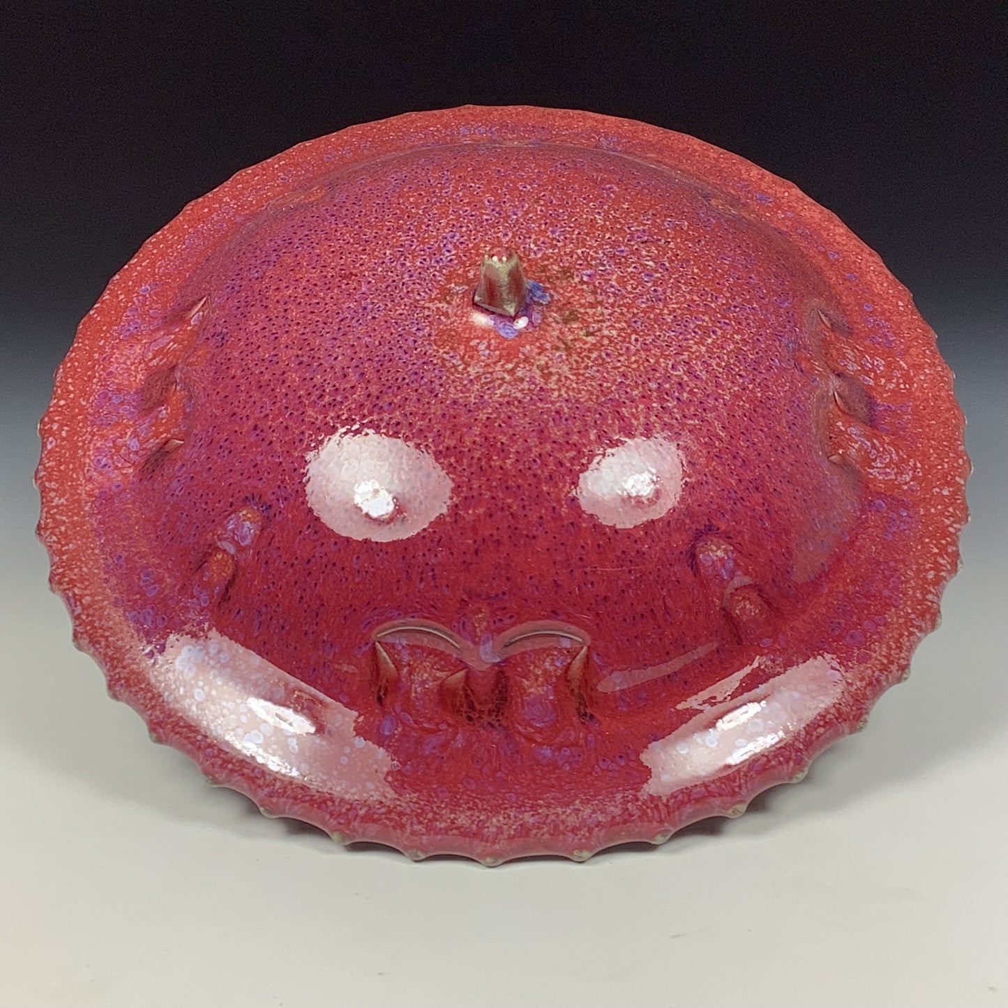 Handmade stoneware art abstract ceramic sculptures pottery decoration UFO - Red wheel thrown enclosed form altered sculpture - item 3821