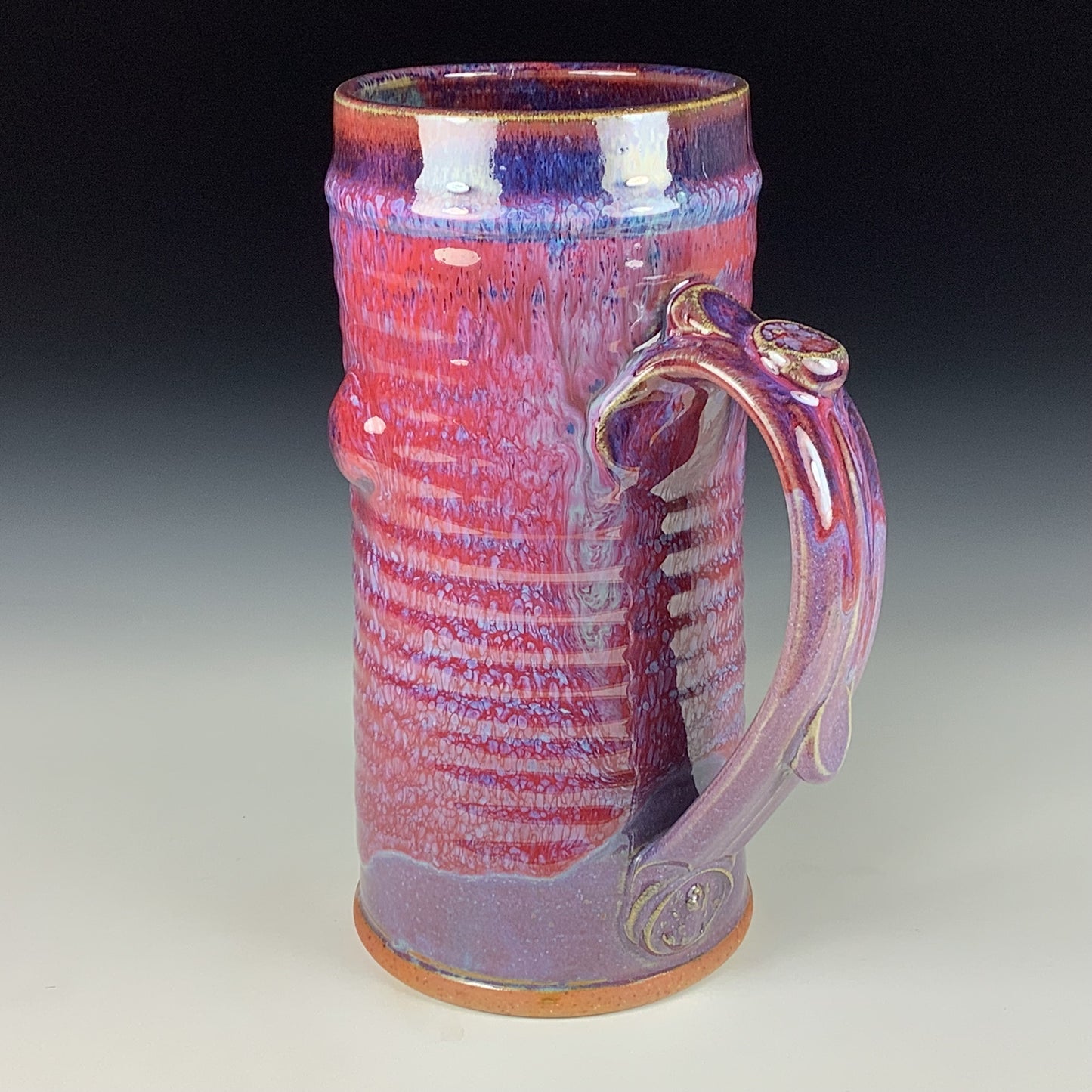 Large handmade pottery mugs rustic ceramic mugs extra large stoneware mugs oversized coffee mugs tea cup - Purple red wiggle slip-dotted bump - item 3725