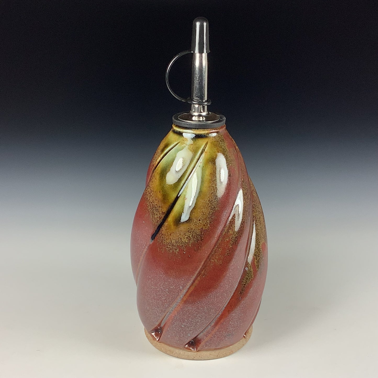 Ceramic olive oil dispenser oil bottle oil cruet handmade stoneware pottery dinnerware kitchenware - Iron red with white ash twisty- item 3737