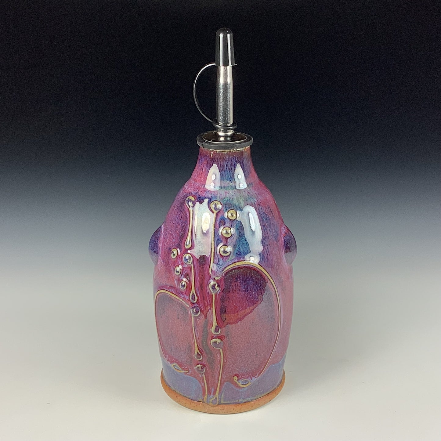 Ceramic olive oil dispenser oil bottle oil cruet handmade stoneware pottery dinnerware kitchenware - Purple red bamboo slip trail bump - item 3752