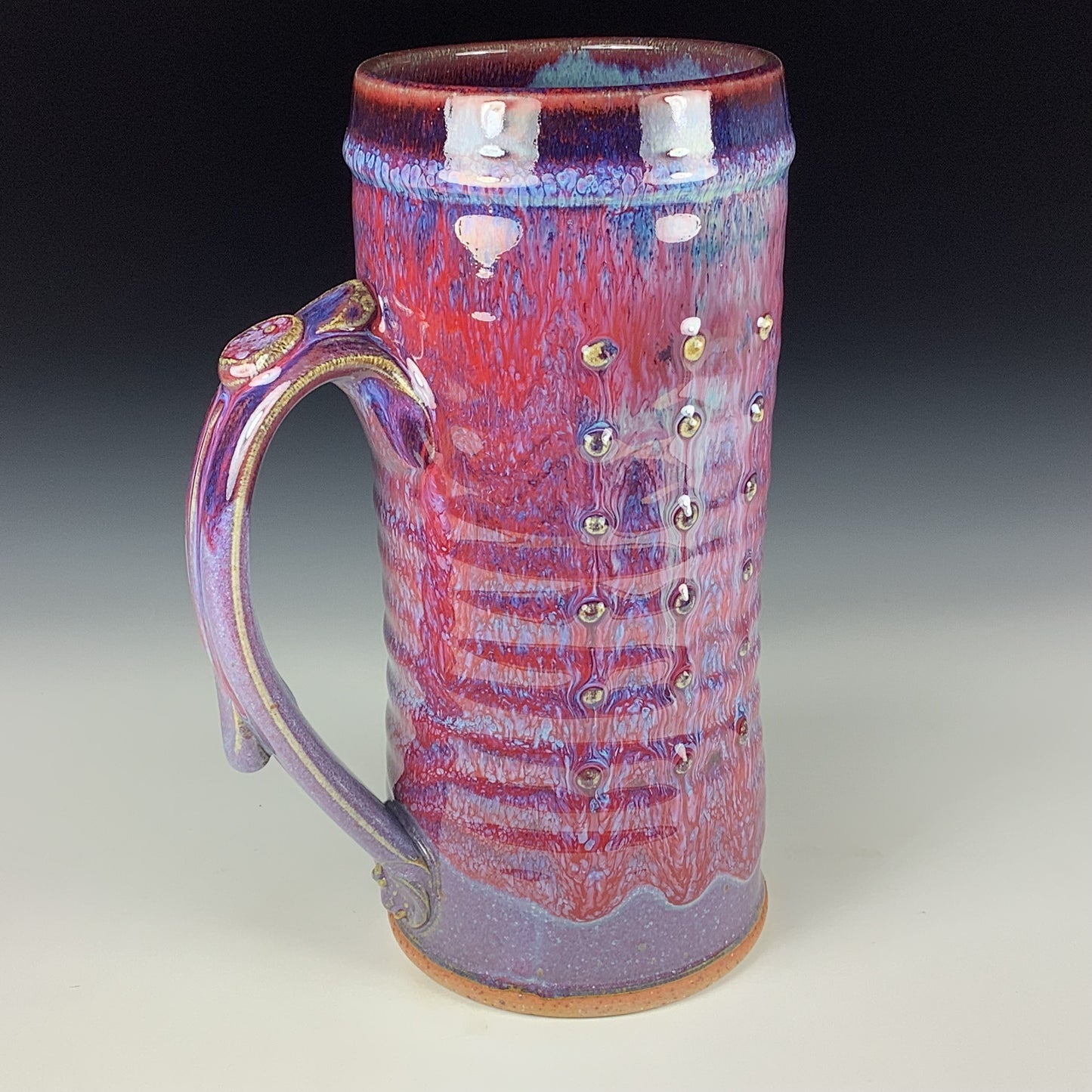 Large handmade pottery mugs rustic ceramic mugs extra large stoneware mugs oversized coffee mugs tea cup - Purple red wiggle slip-dotted bump - item 3716