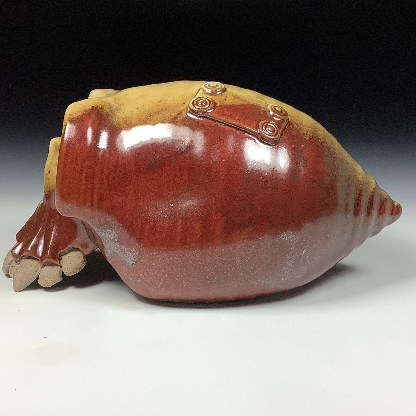 Handmade stoneware art abstract ceramic sculptures pottery decoration skull - Iron red with white ash wheel thrown enclosed form altered skull sculpture - item 3828