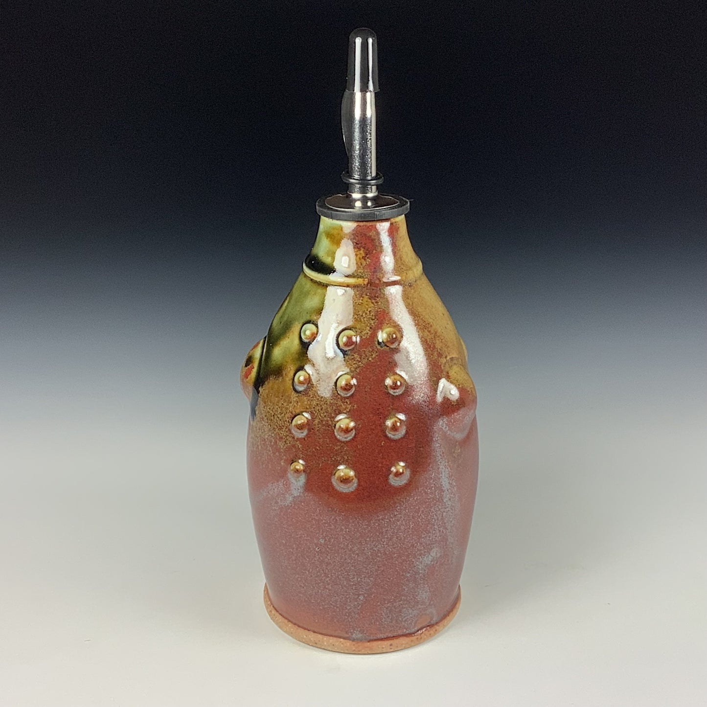 Ceramic olive oil dispenser oil bottle oil cruet handmade stoneware pottery dinnerware kitchenware - Iron red with white ash slip dotted bump - item 3750