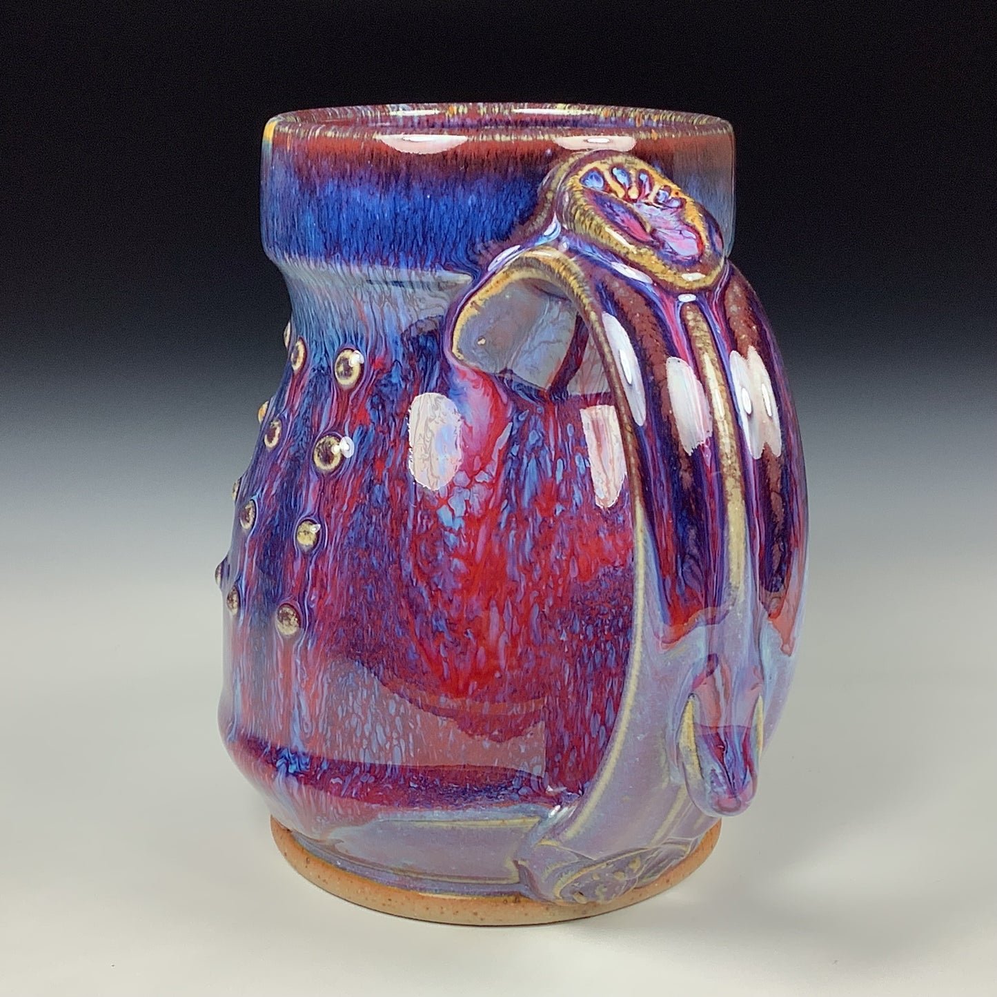 Handmade ceramic mugs stoneware coffee mugs pottery tea mugs stoneware drinkware - purple red slip trail dots item 3854