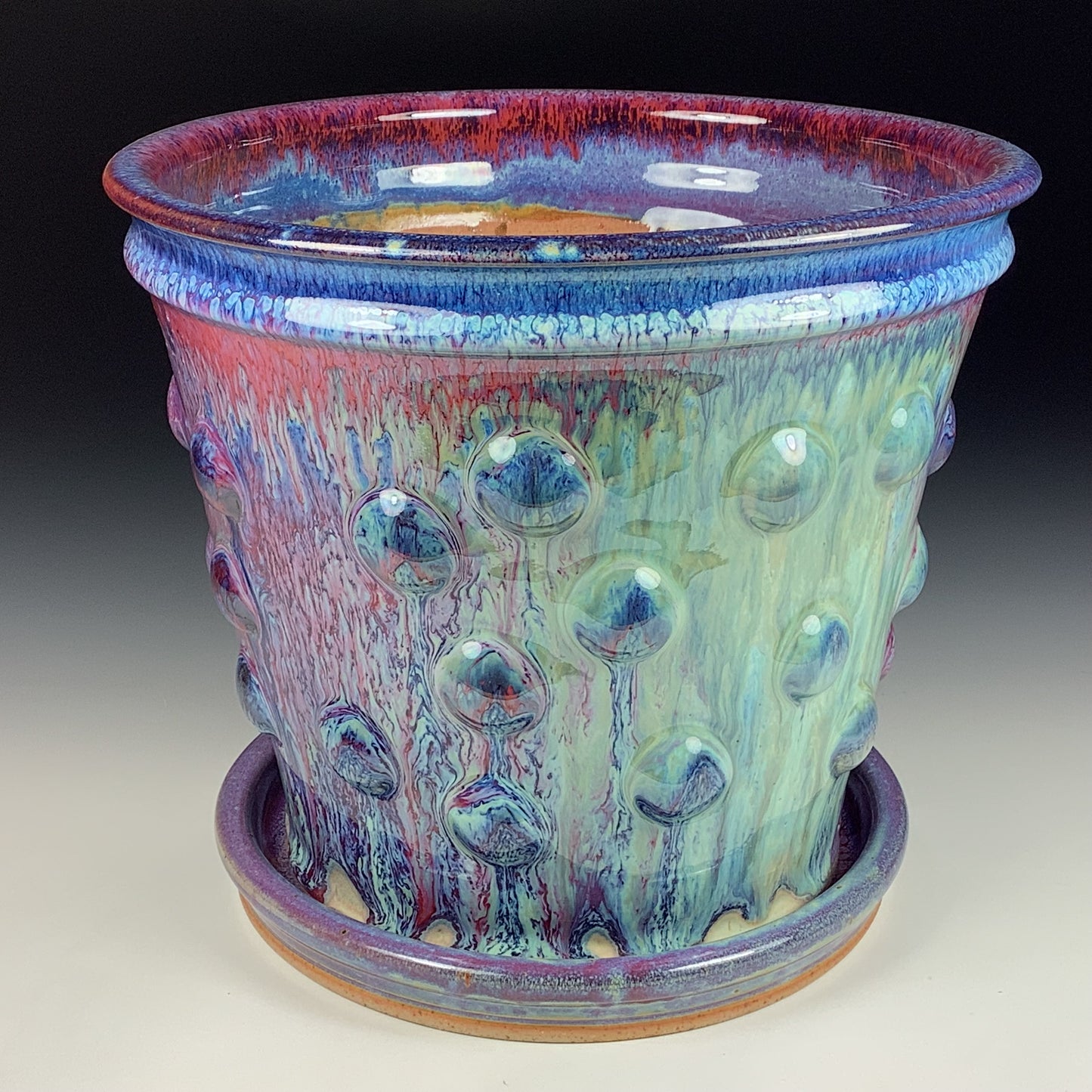 Handmade ceramic stoneware pottery planter - purple blue flashed bump item 3881