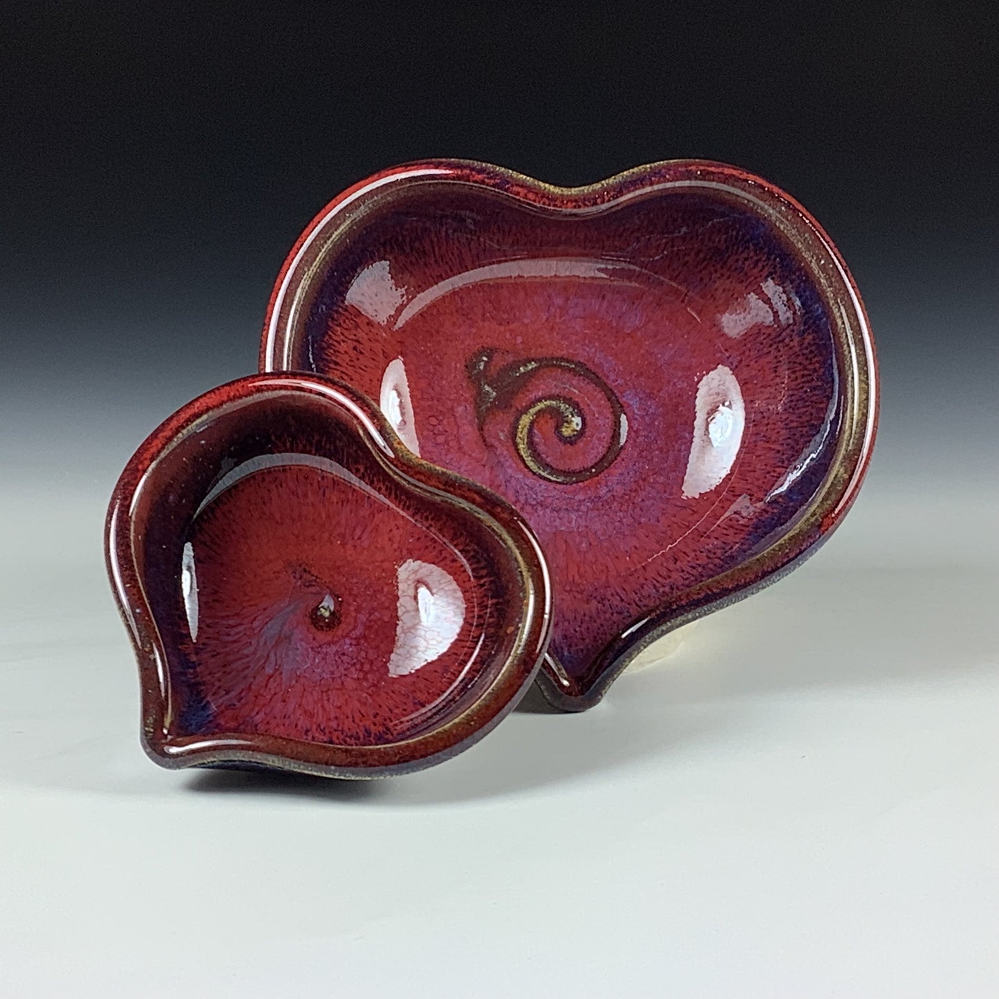 Handmade Ceramic Heart-Shaped Nesting Bowl Set of 2, Red Purple Glaze - Item 4025