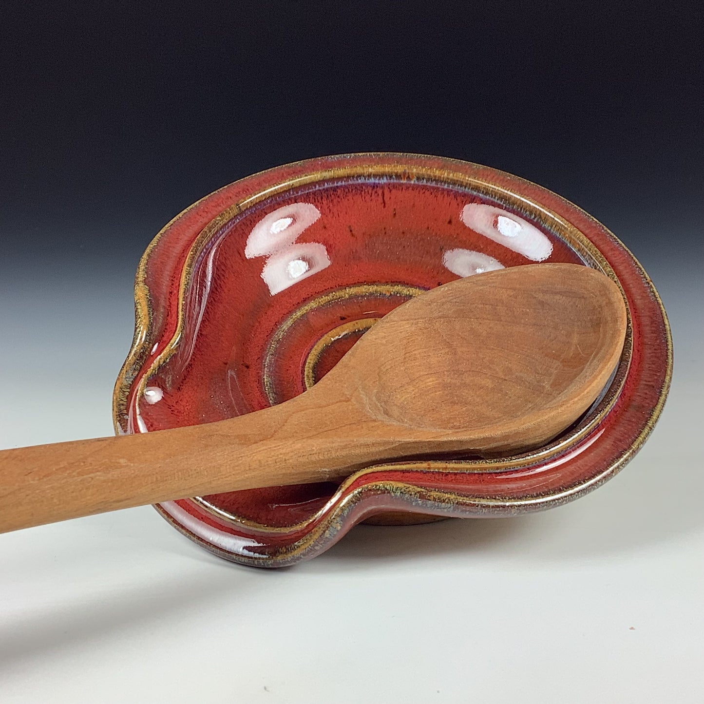 Handmade Ceramic Spoon Rest: Red Glaze, Spiral