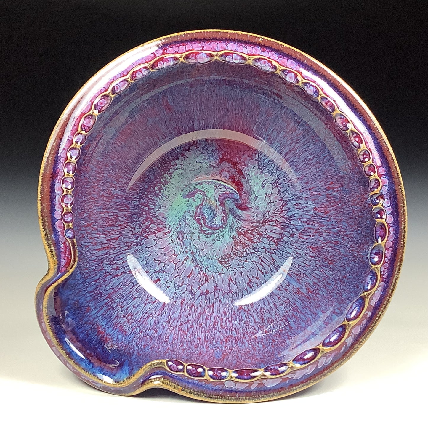 Handmade ceramic deep spoon rest stoneware pottery kitchenware - Purple red dotted rim item 3876