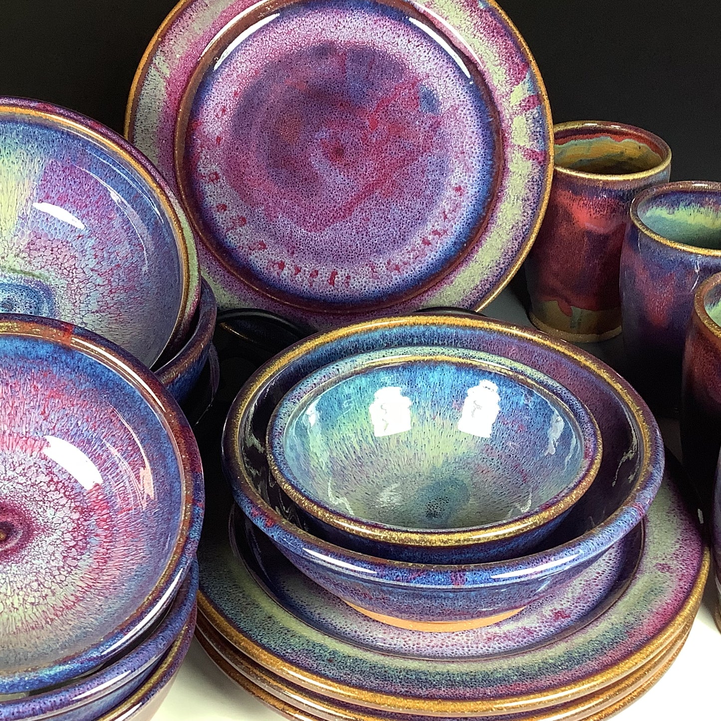 Handmade ceramic artisanal pottery dinnerware stoneware 4 plate setting - Purple item 3897