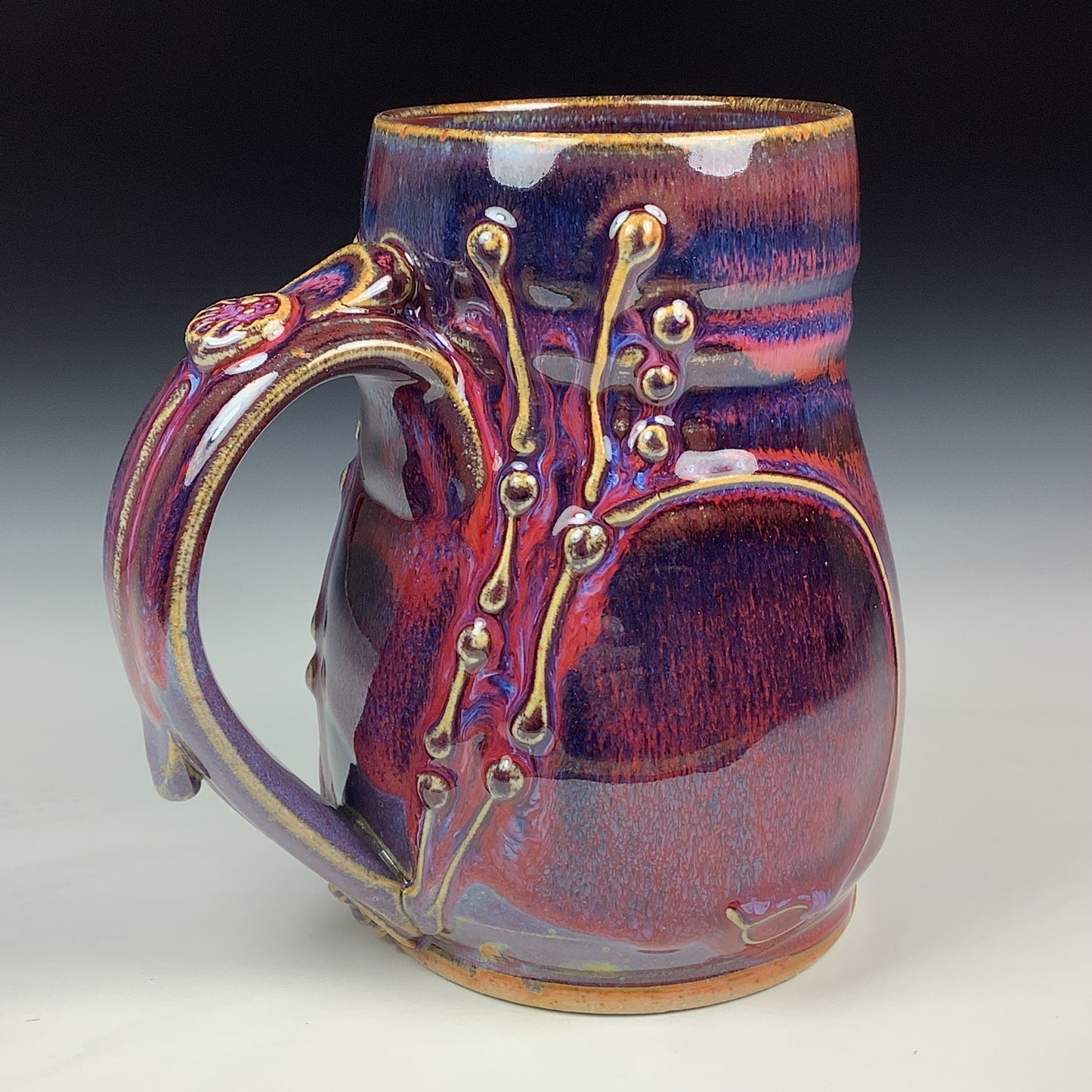 Handmade Stoneware Coffee Mug: Red Purple Glaze, Slip-Dotted Bamboo - Mug 3974