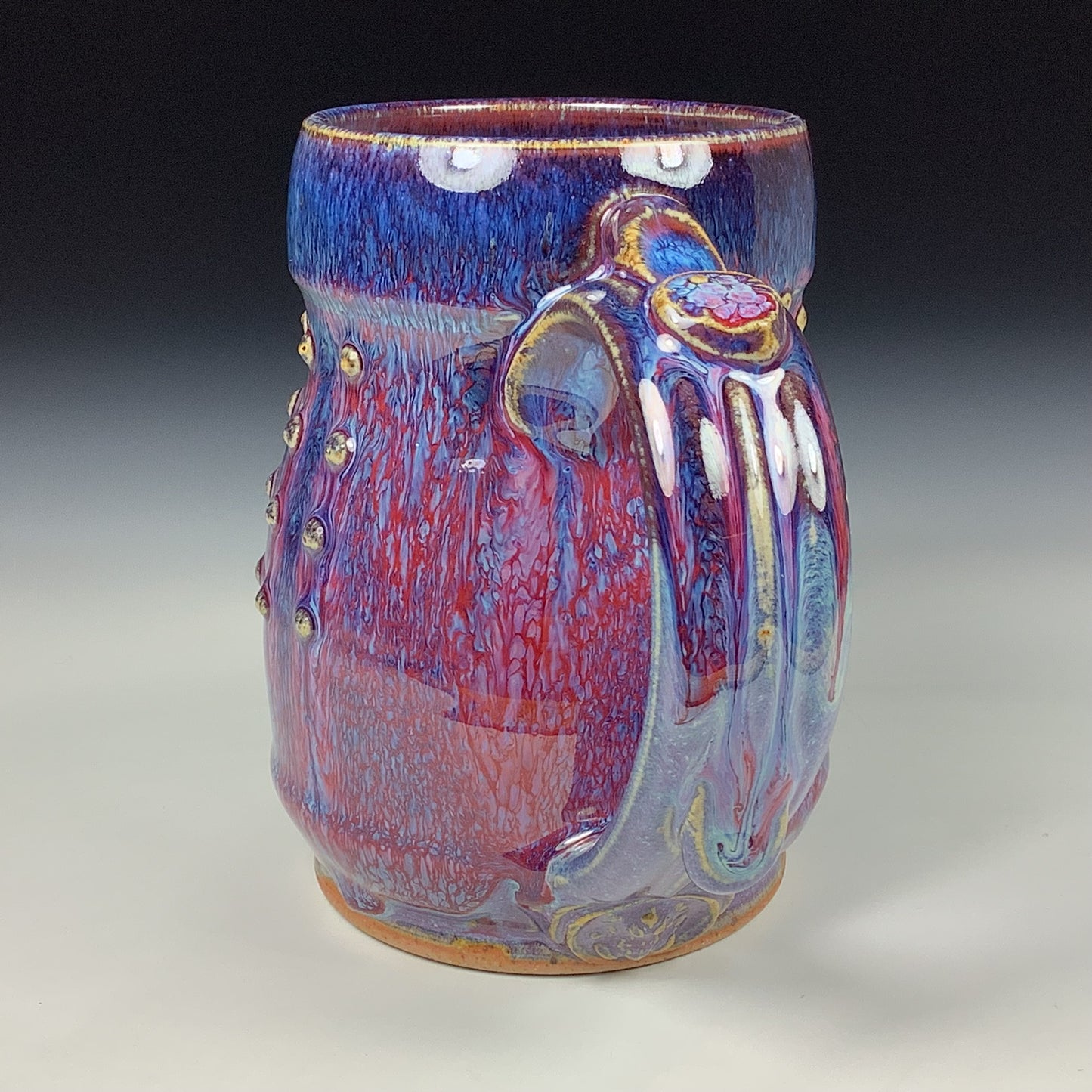 Handmade ceramic mugs stoneware coffee mug pottery tea mugs stoneware drinkware - purple red slip trail dot bamboo item 3852