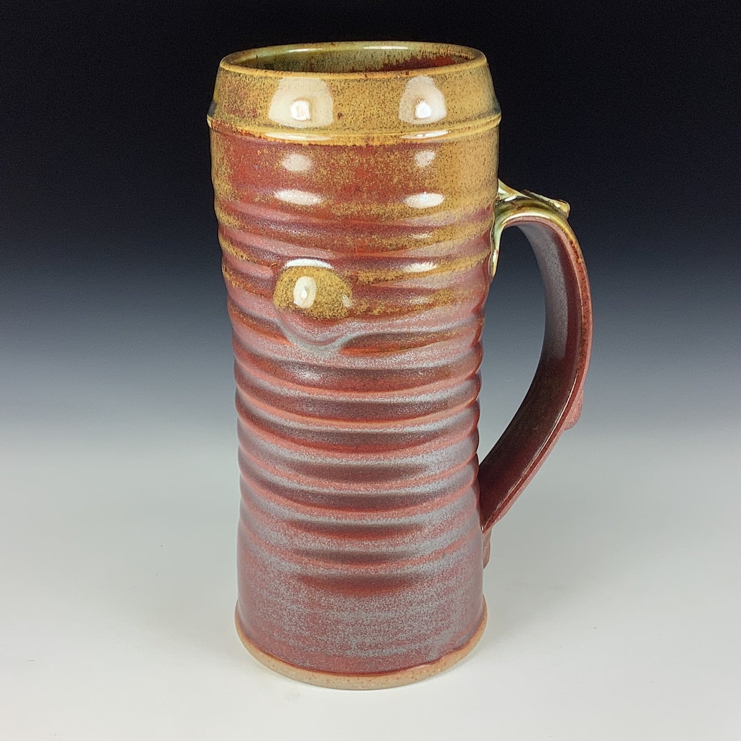 Large handmade pottery mugs rustic ceramic mugs extra large stoneware mugs oversized coffee mugs tea cup - Iron red with white ash wiggle slip-dotted bump - item 3720