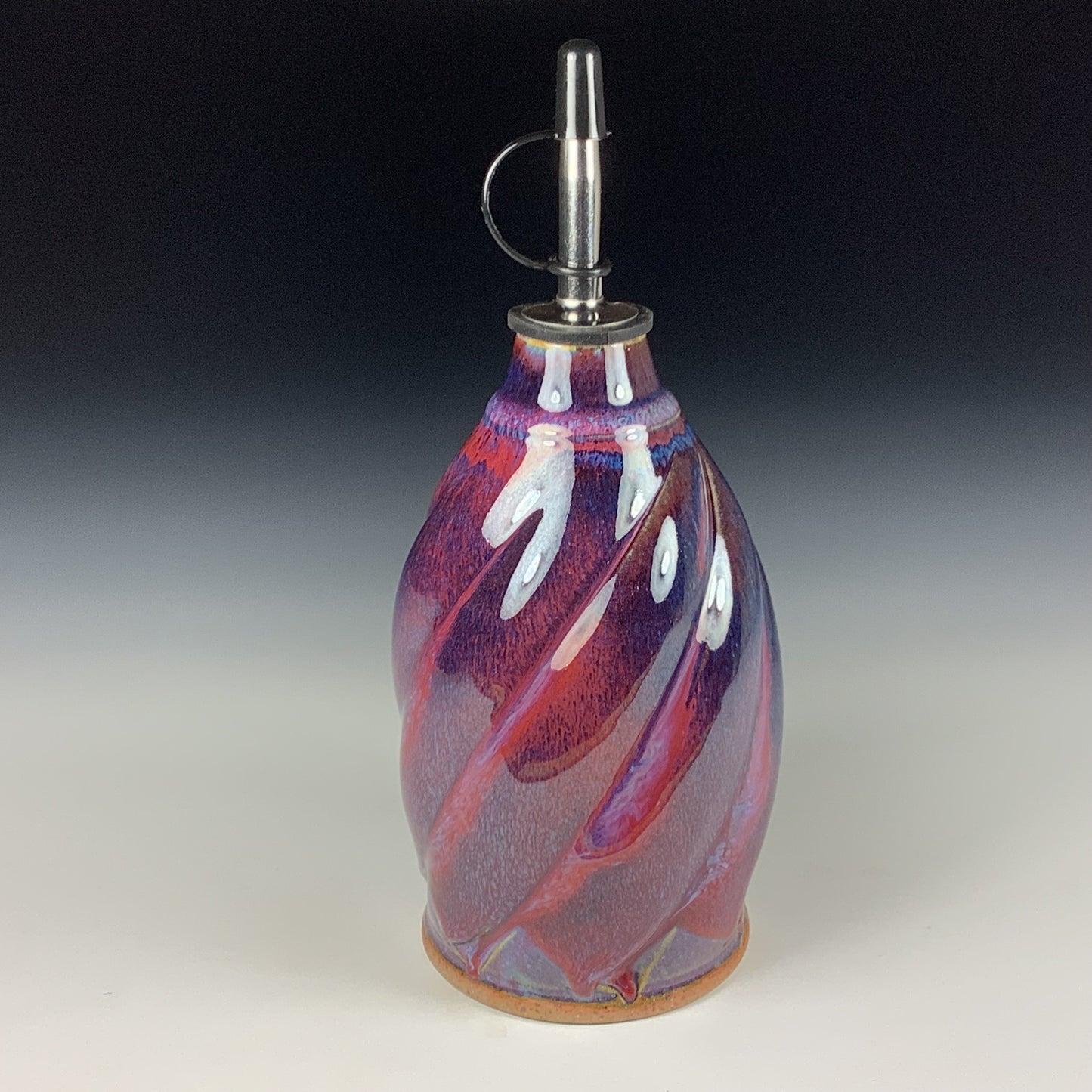 Ceramic olive oil dispenser oil bottle oil cruet handmade stoneware pottery dinnerware kitchenware - Purple red twisty- item 3743