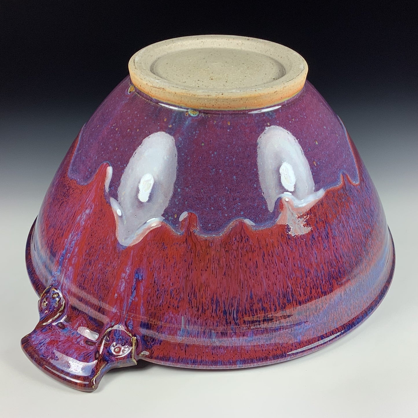 Handmade Large Red Purple Glazed with Handles Stoneware Serving Bowl: Artisan Pottery Centerpiece - item 3936