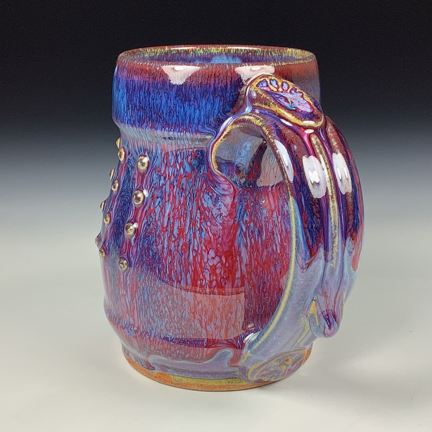 Handmade ceramic mugs stoneware coffee mug pottery tea mugs stoneware drinkware - purple red slip trail dot bamboo item 3864