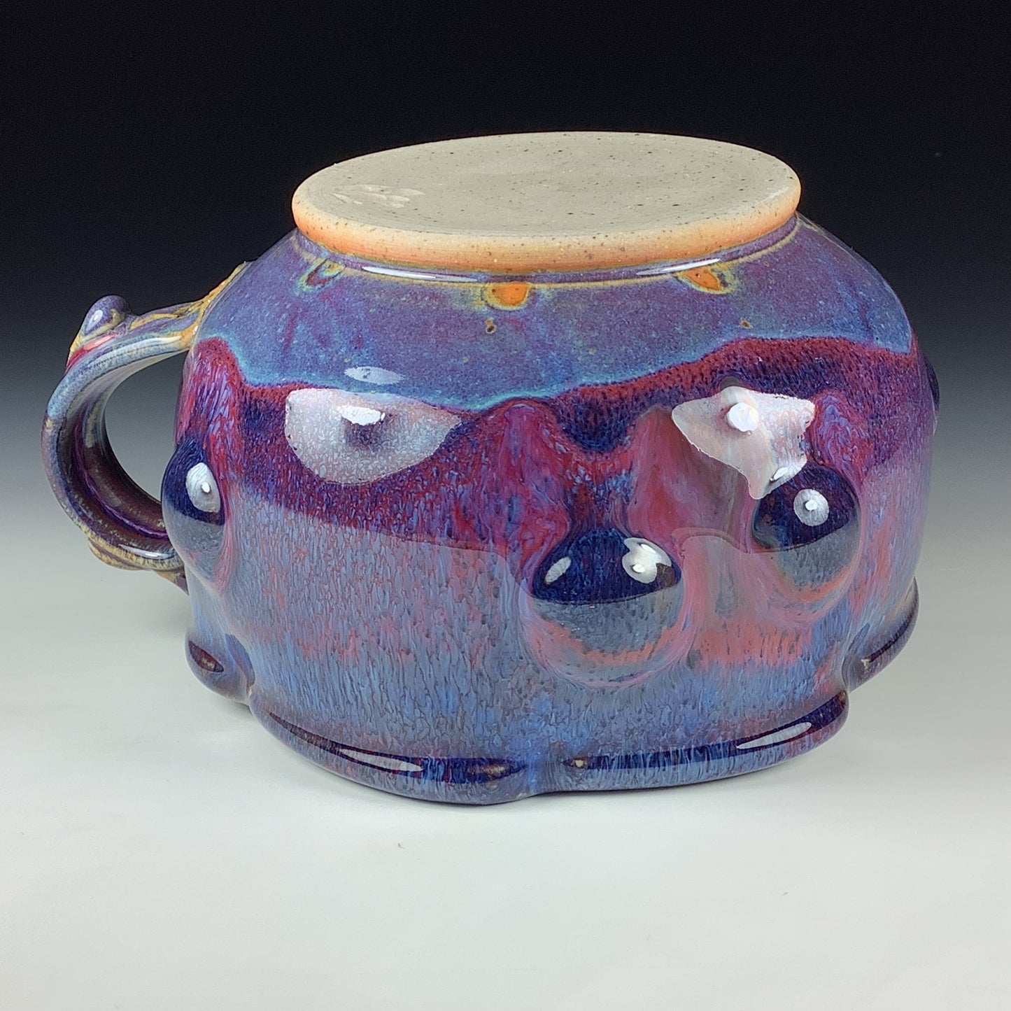 Handmade Ceramic Pottery Bowl with Handle, Red Purple Bump Glaze