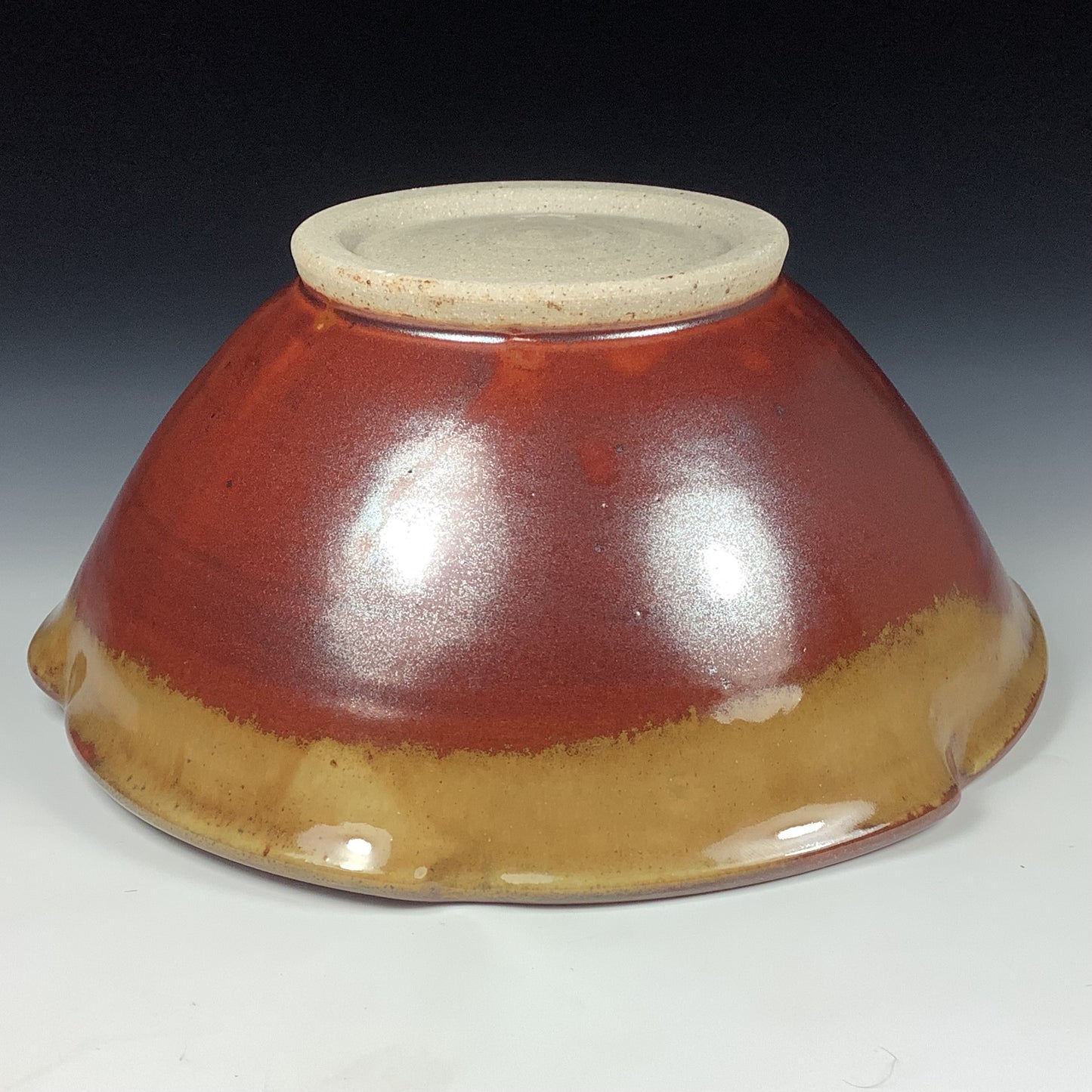 Handmade ceramic artisanal pottery bowls dinnerware stoneware serving bowls centerpiece - iron red with white ash scalloped rim serving bowl 3679