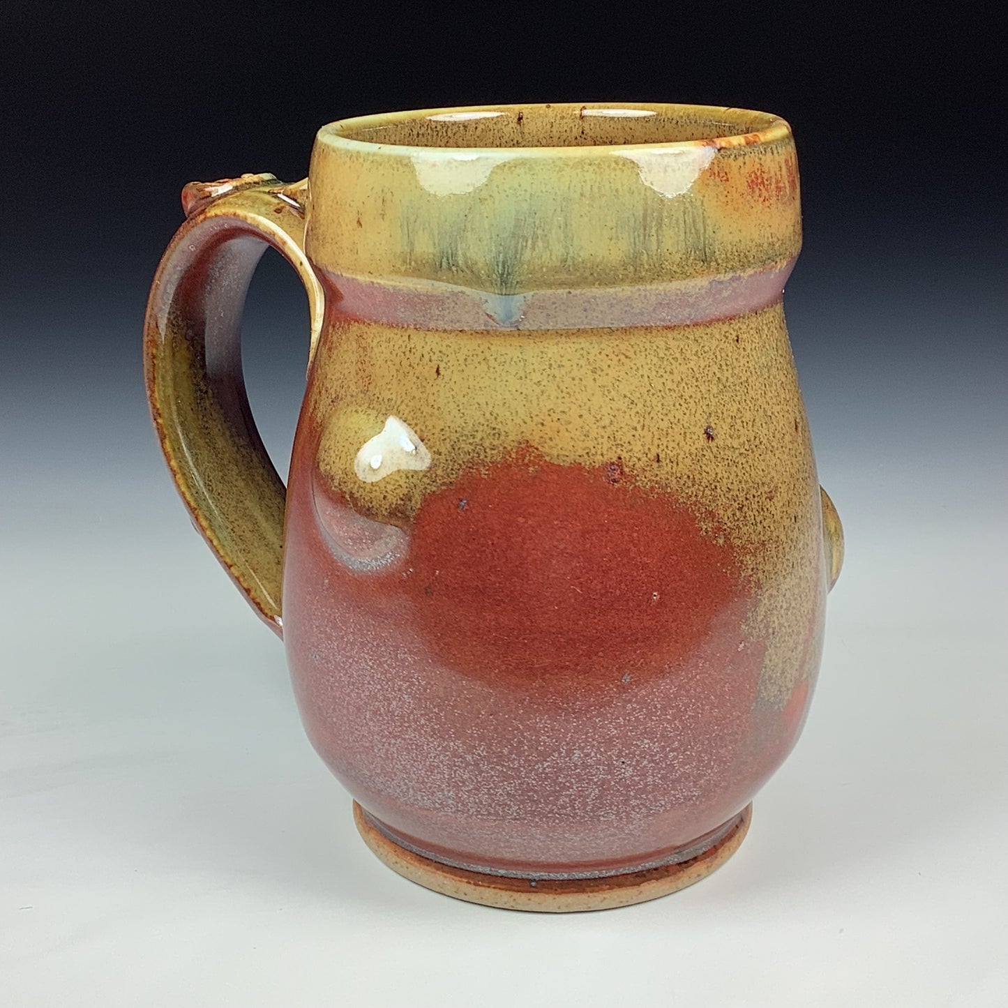Handmade Stoneware Coffee Mug: Iron Red with White Ash Glaze, Bump Pottery Tea Mug - Mug 3987
