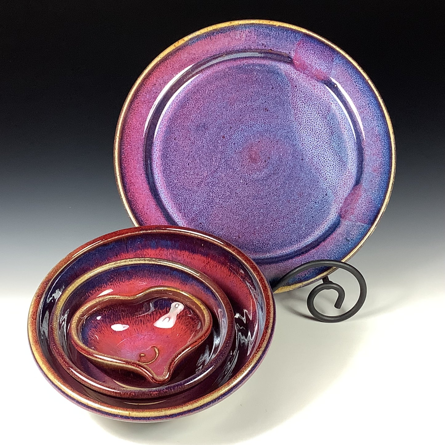 Handmade Stoneware Pottery Plate Setting - Purple Red Glaze