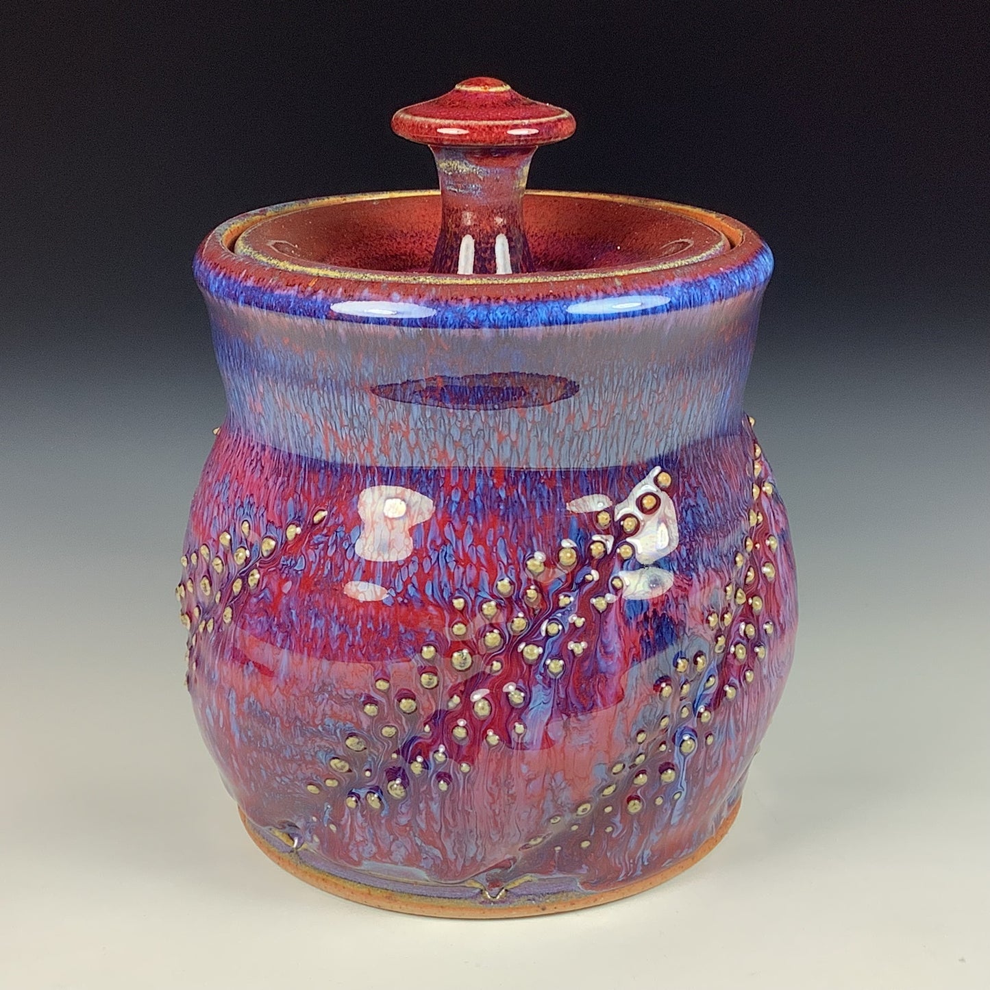 Handmade stoneware art ceramic pottery sugar jar - red purple dotted item 3889