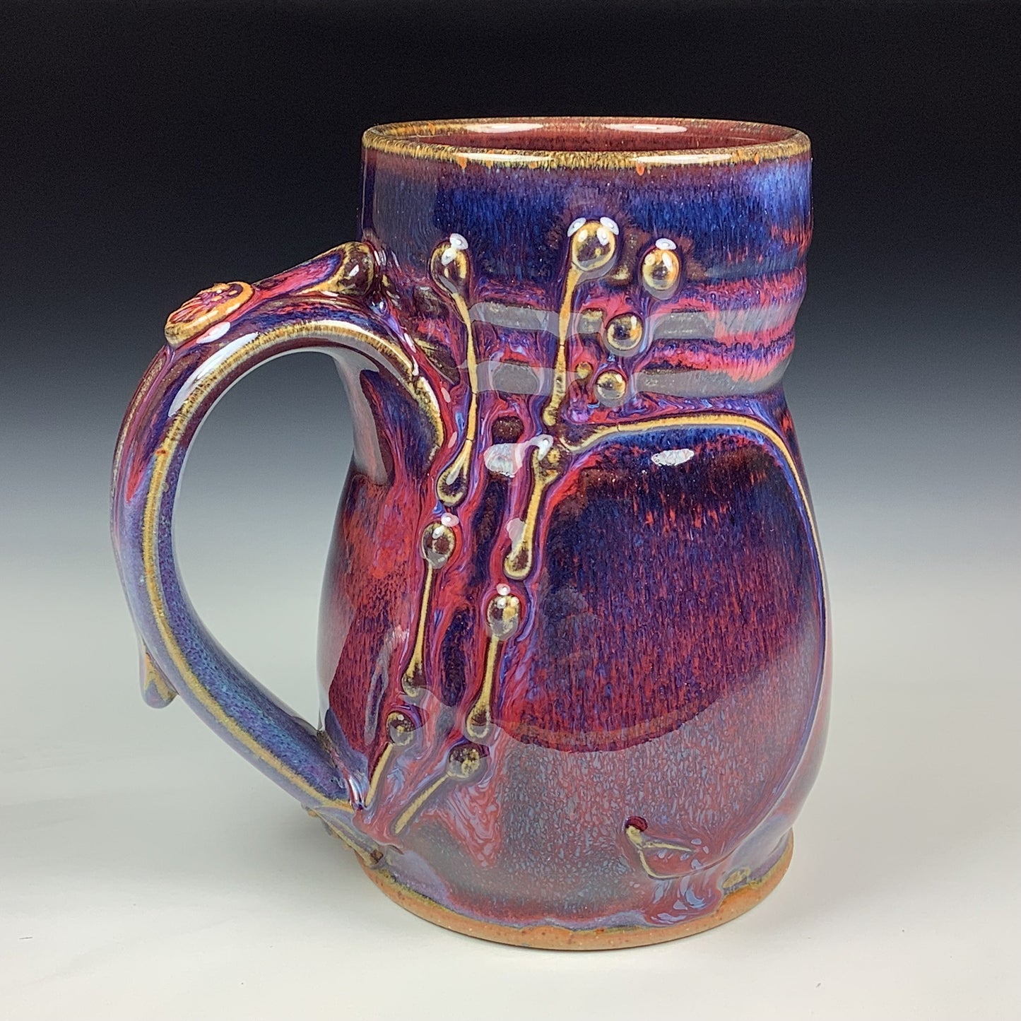 Handmade Stoneware Coffee Mug: Red Purple Glaze, Slip-Dotted Bamboo - Mug 3978